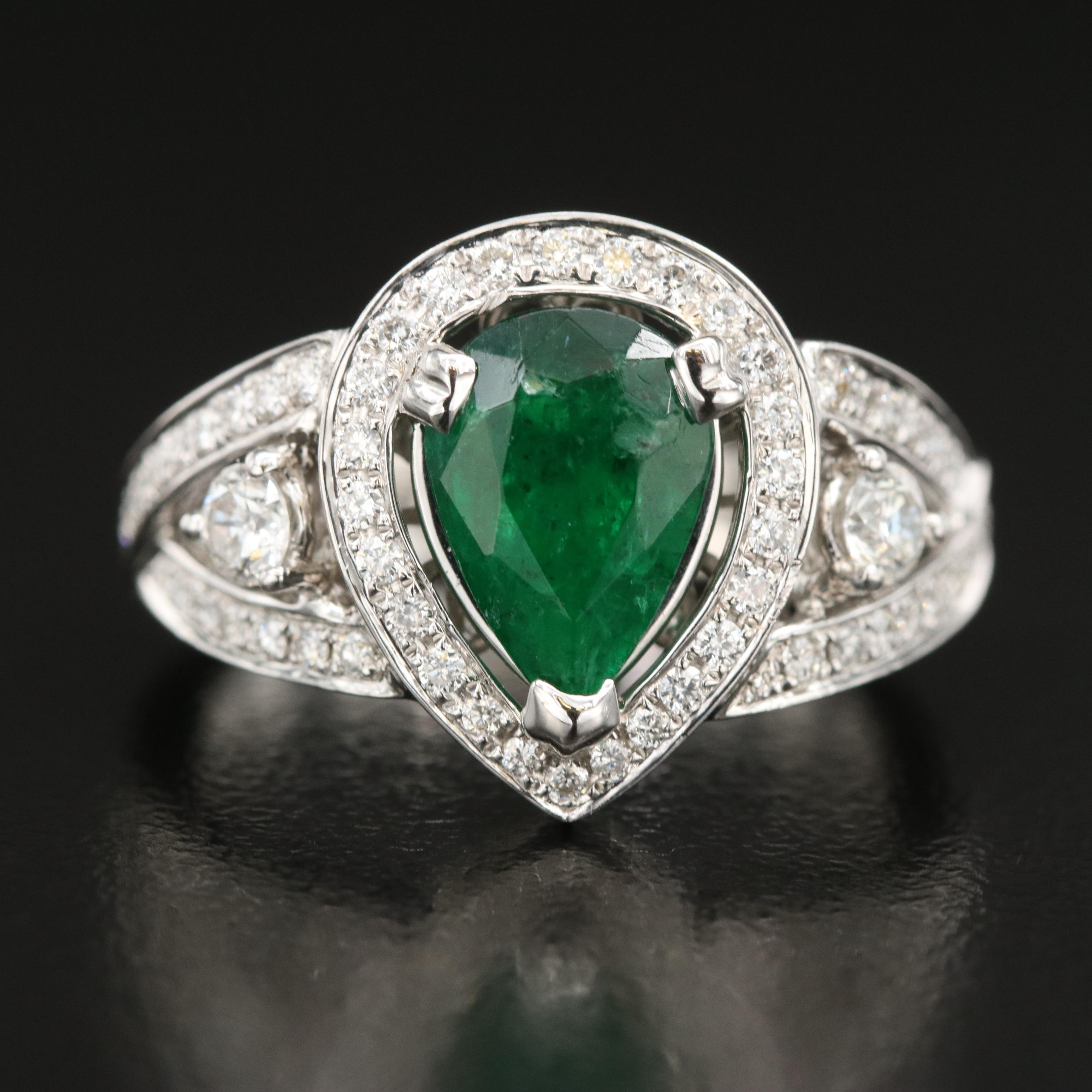 18K 1.38 CT Emerald and Diamond Teardrop Ring with GIA Report