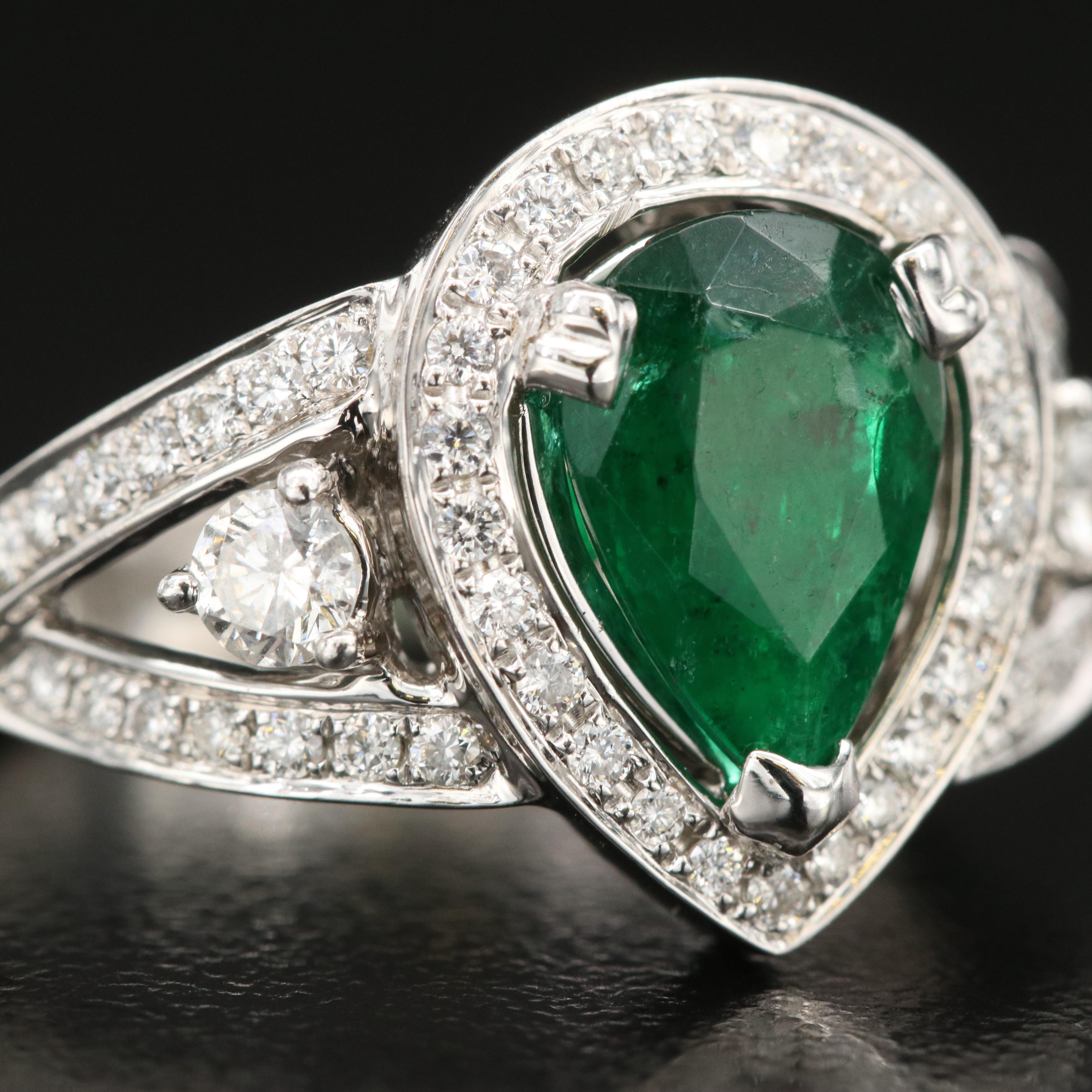 18K 1.38 CT Emerald and Diamond Teardrop Ring with GIA Report