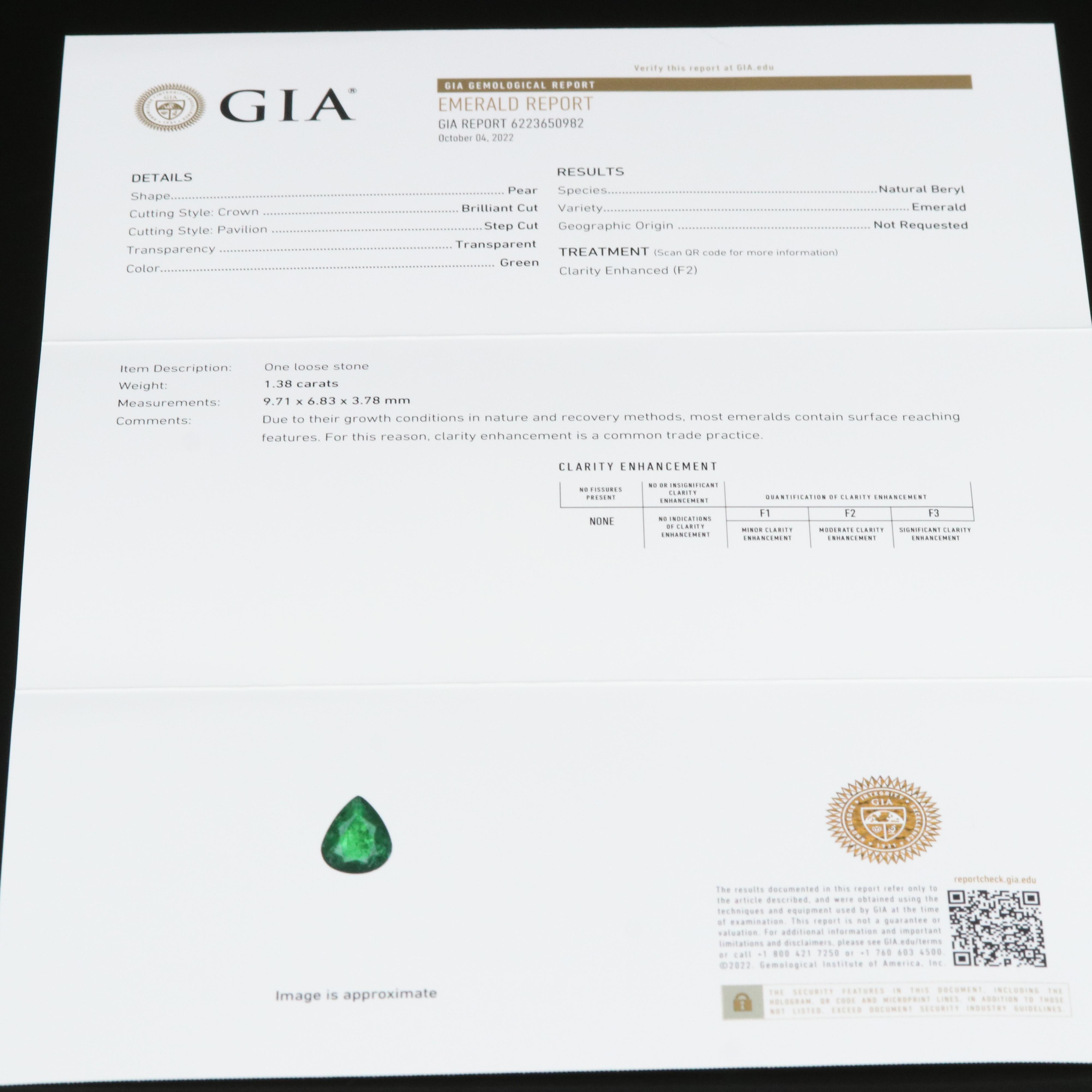 18K 1.38 CT Emerald and Diamond Teardrop Ring with GIA Report