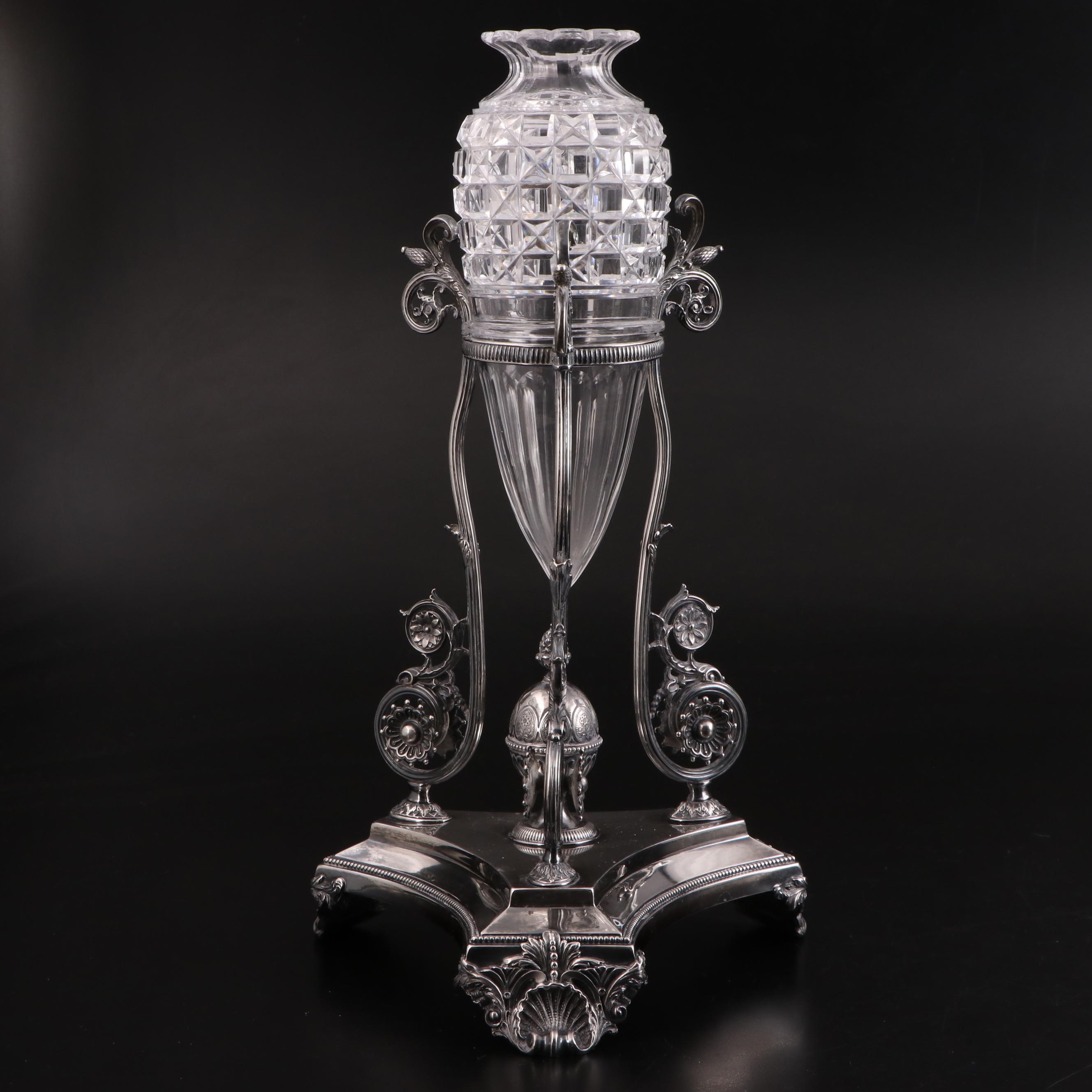 Pair of English Aesthetic Movement Sterling Silver and Cut Glass Vases, 1884