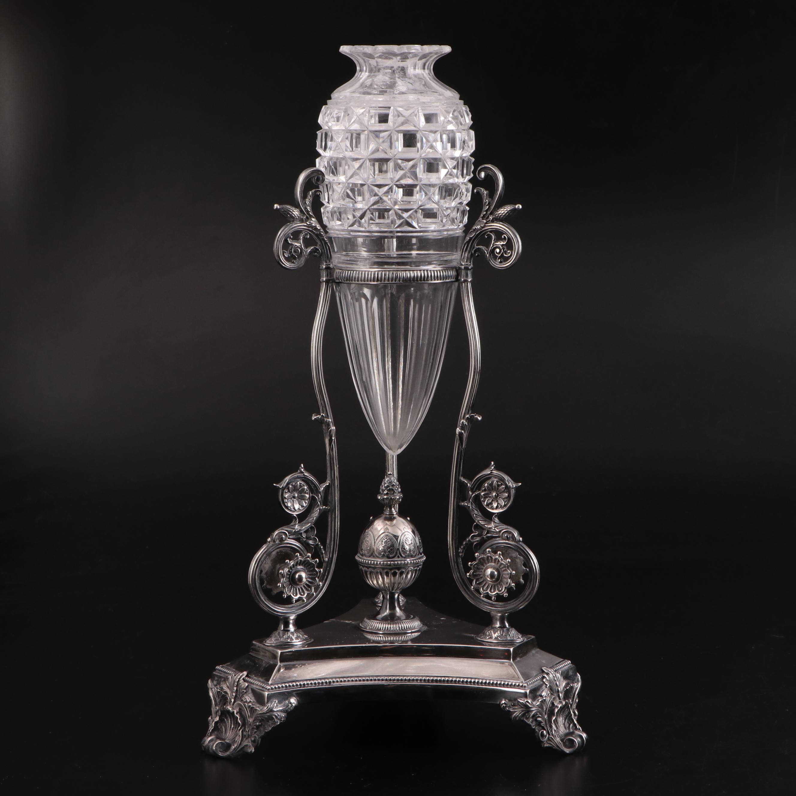 Pair of English Aesthetic Movement Sterling Silver and Cut Glass Vases, 1884