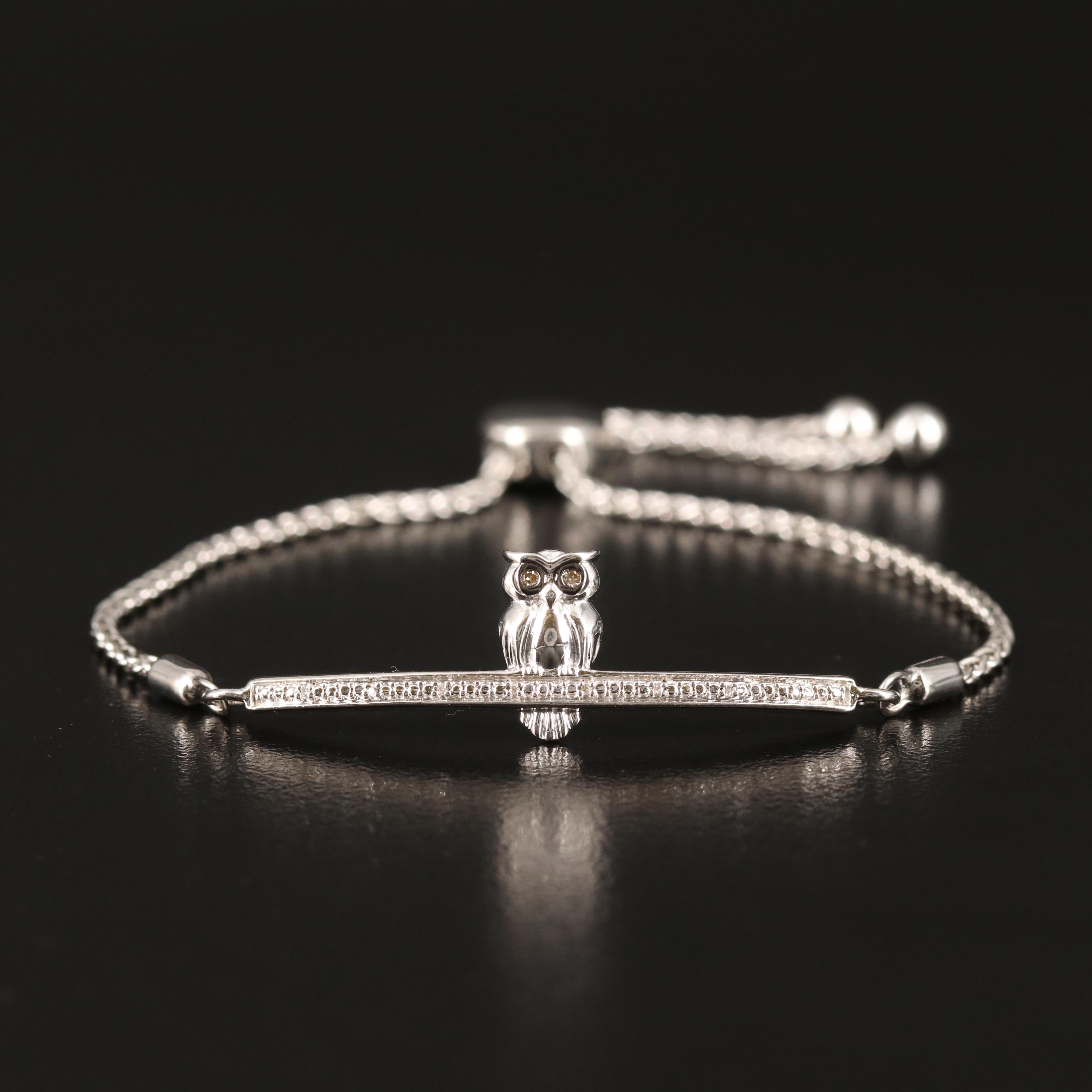 Diamond Owl Bar Bracelet in Sterling