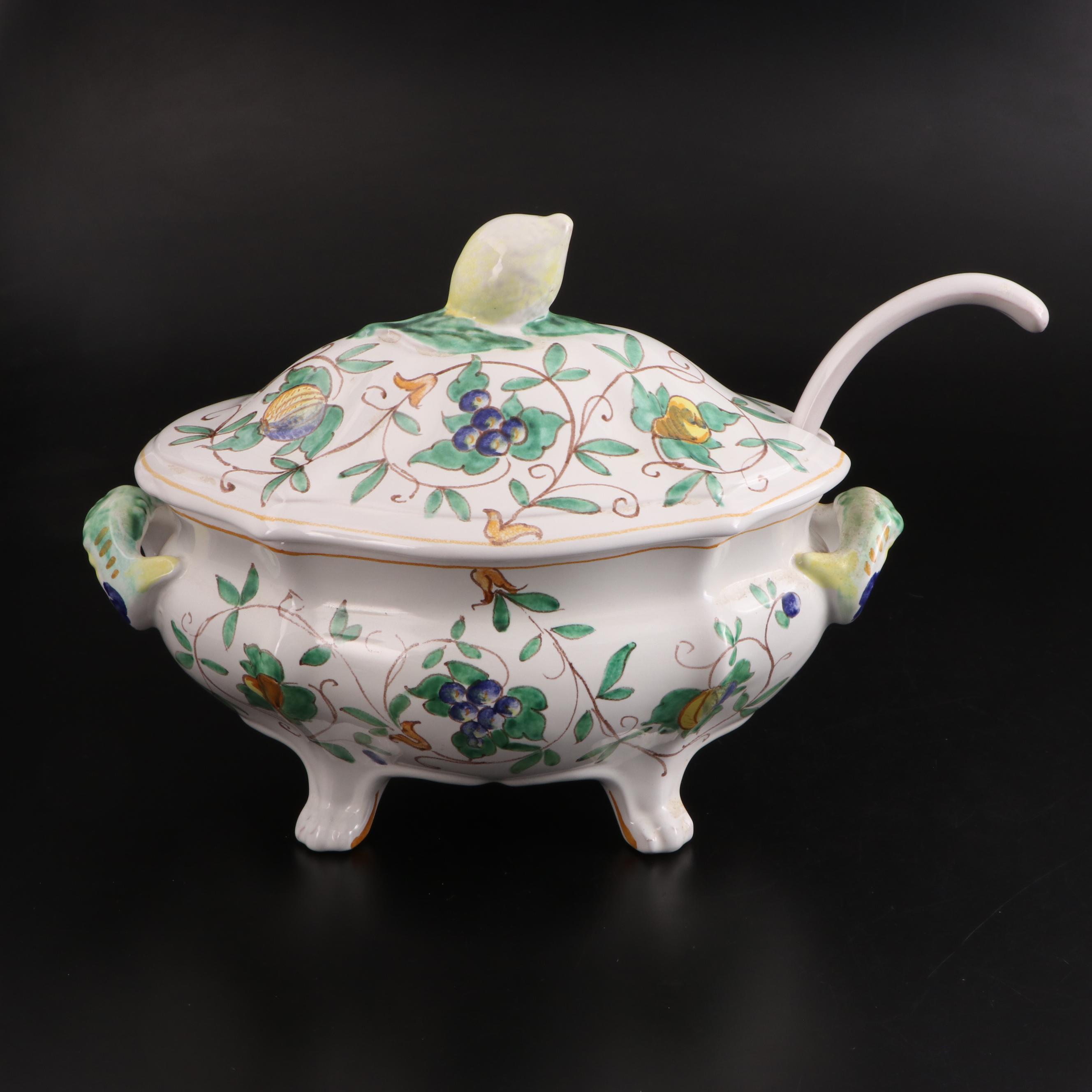 Cantagalli Majolica Lidded Soup Tureen with Ladle, Mid to Late 20th Century