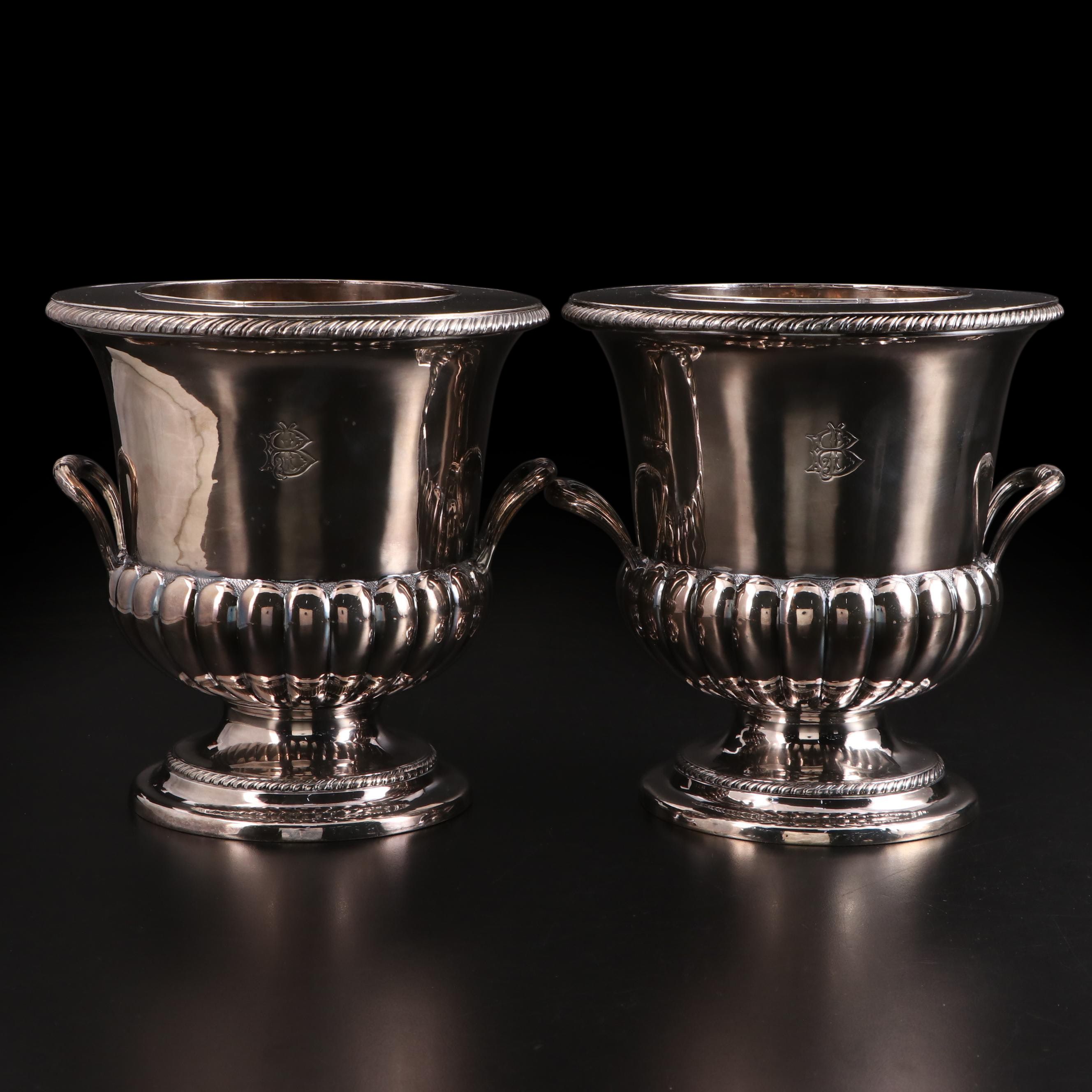 Pair of Old Sheffield Plate Bottle Coolers with Inserts and Covers, 19th Century