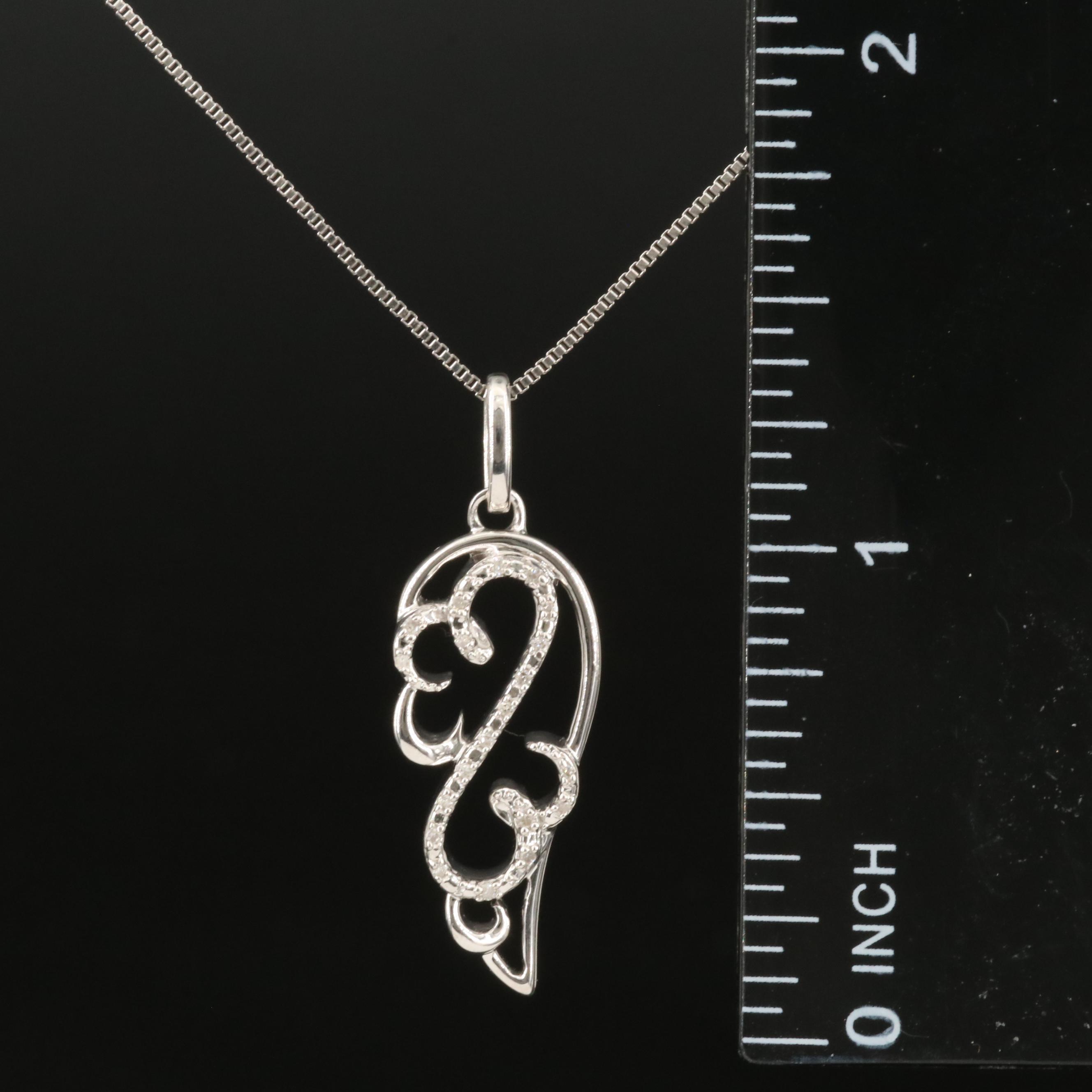 Sterling Diamond Open Heart Wing Pendant Necklace