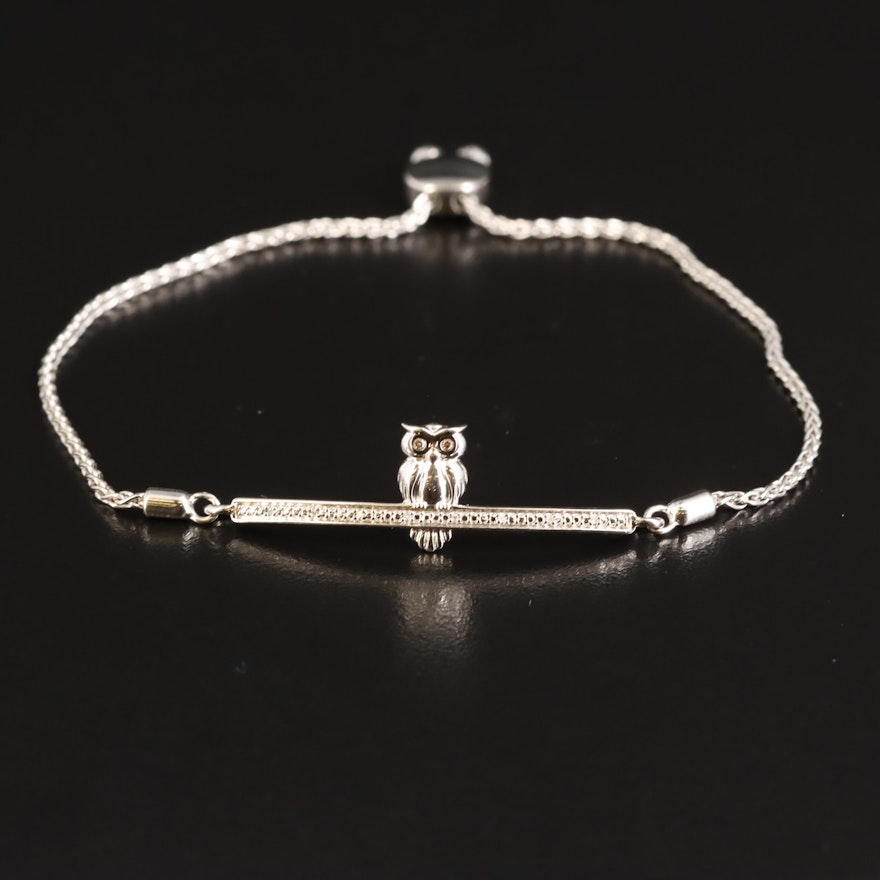 Sterling Diamond Owl Bolo Bracelet