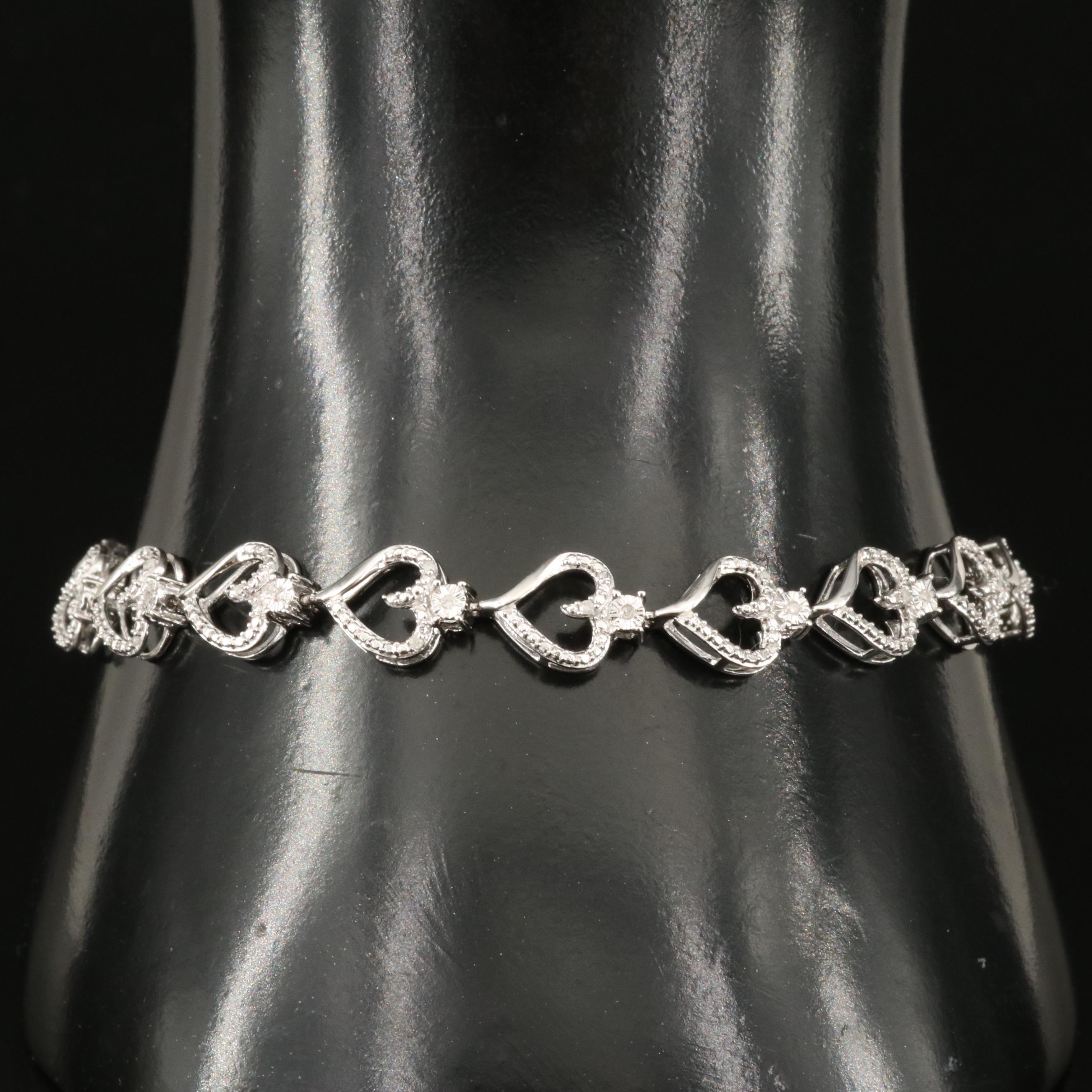 Sterling Diamond Heart Link Bracelet