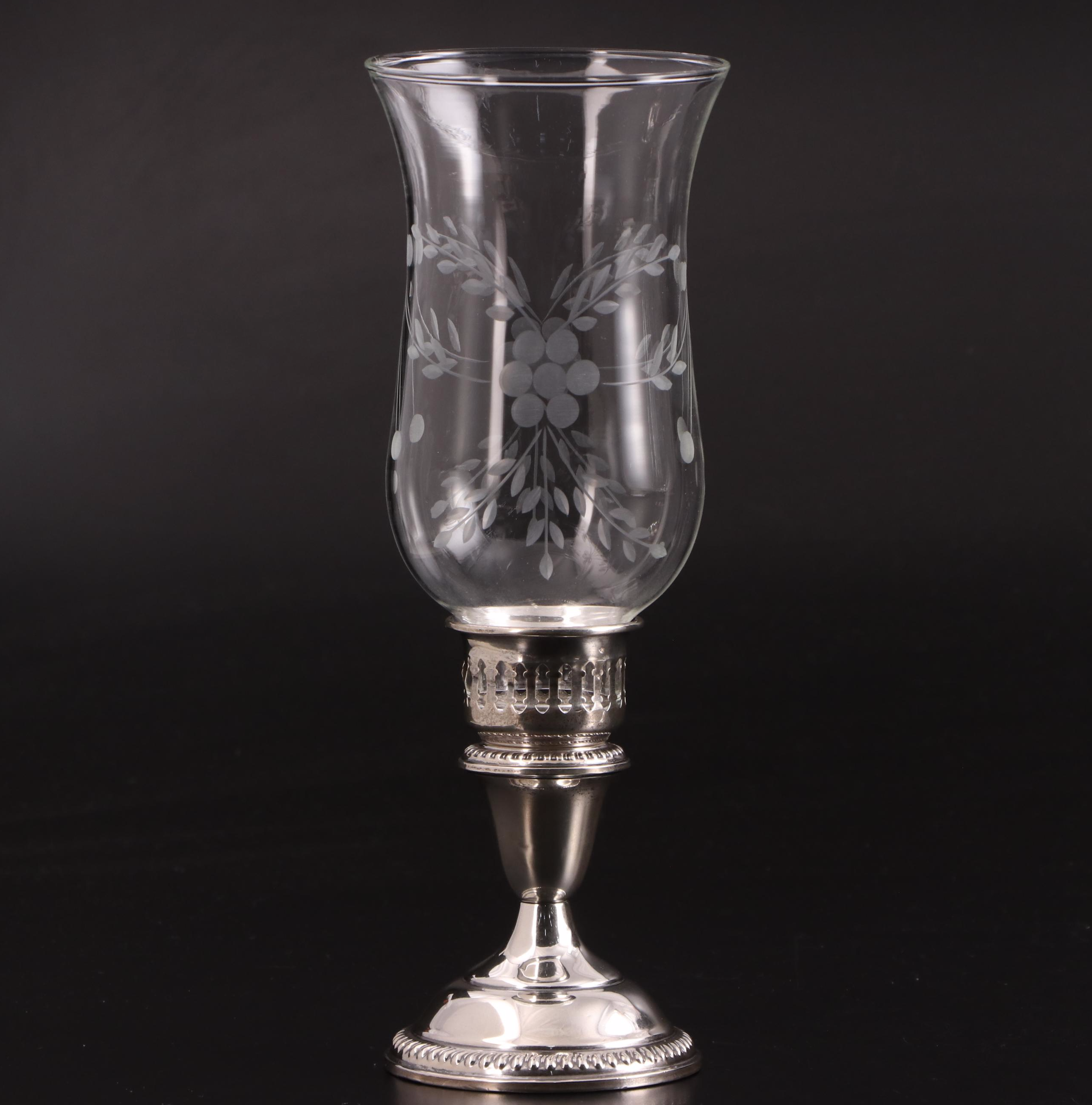 Empire Sterling Silver Candleholders with Etched Glass Hurricane Shades