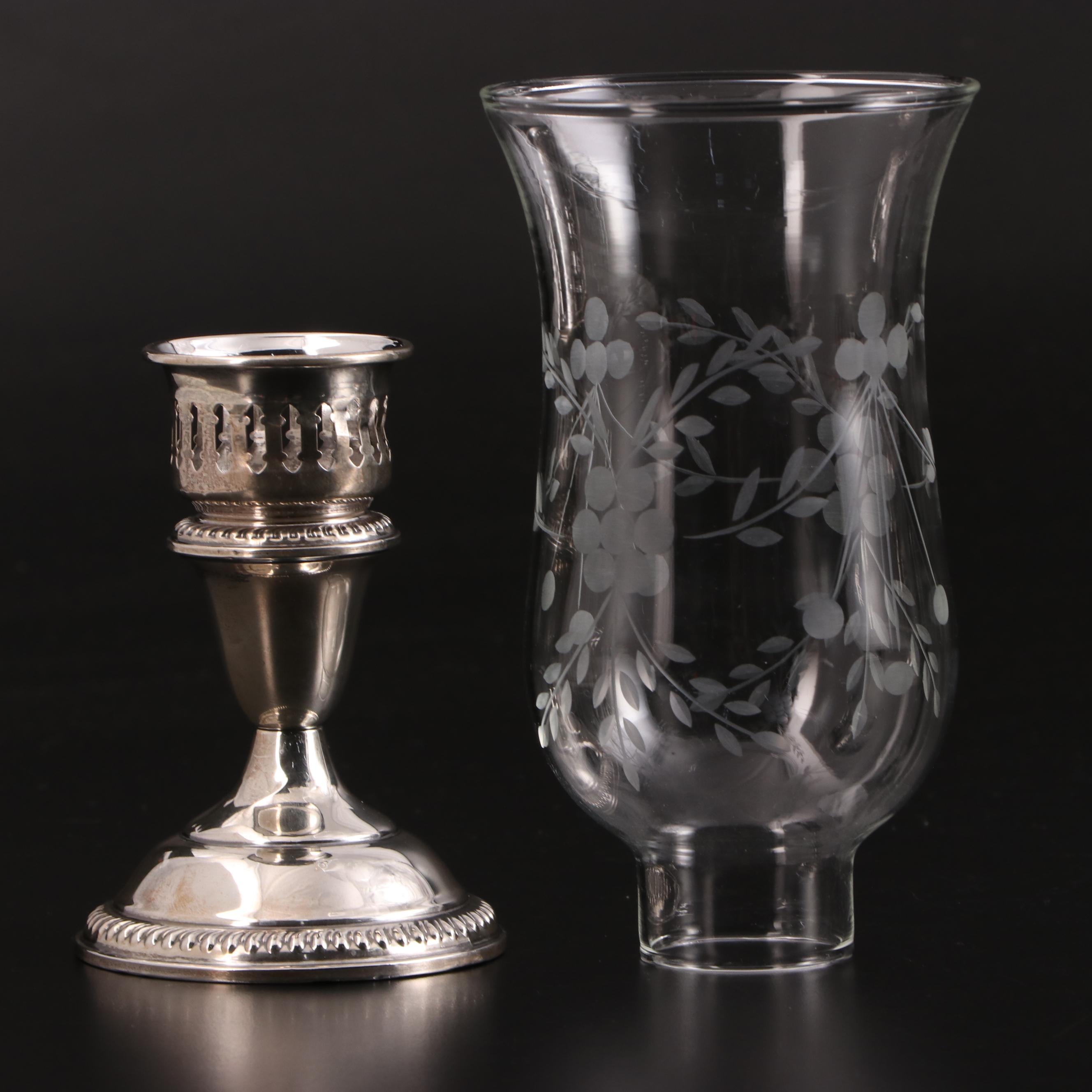 Empire Sterling Silver Candleholders with Etched Glass Hurricane Shades