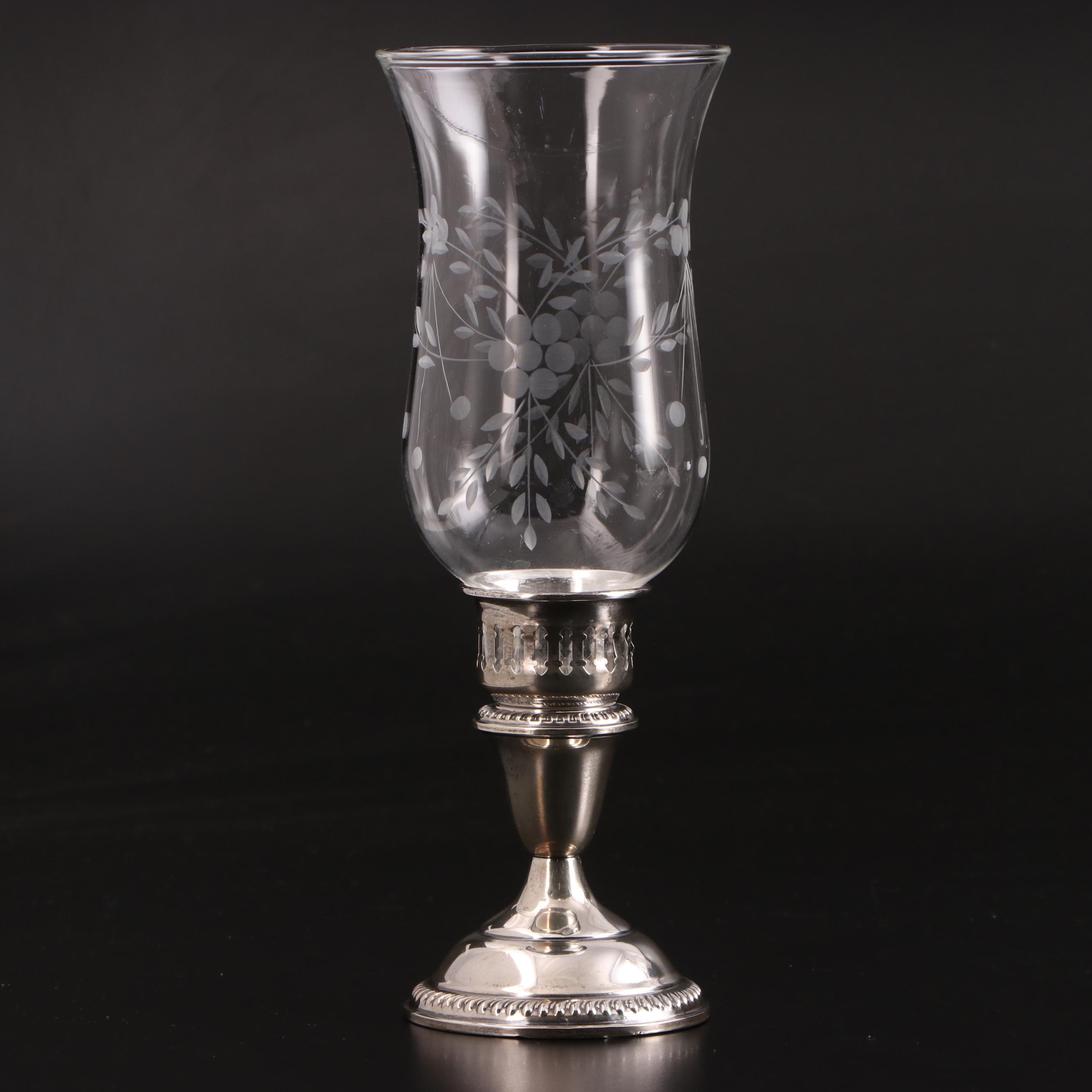 Empire Sterling Silver Candleholders with Etched Glass Hurricane Shades