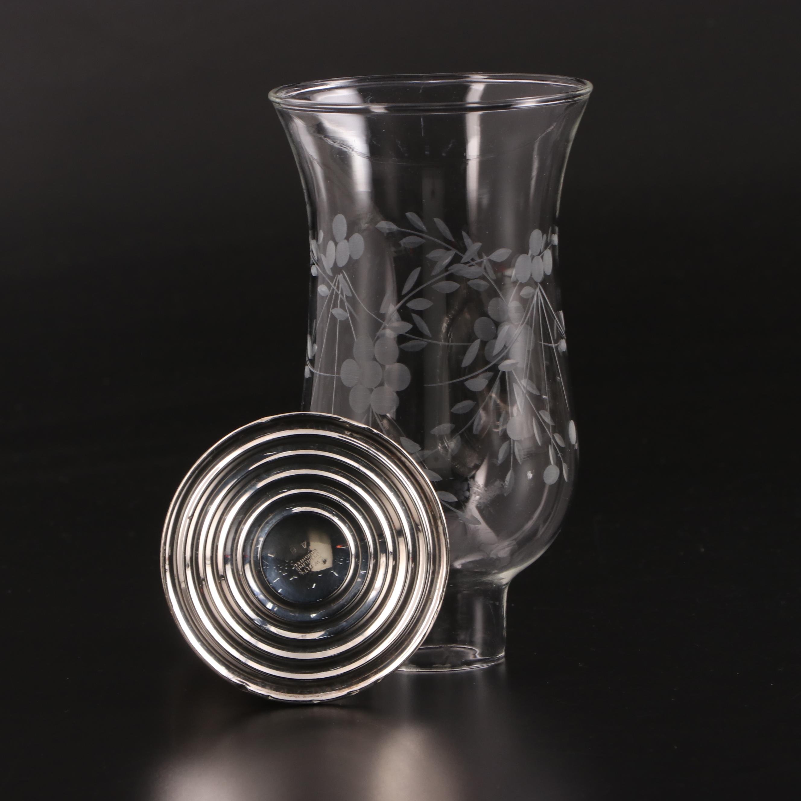 Empire Sterling Silver Candleholders with Etched Glass Hurricane Shades