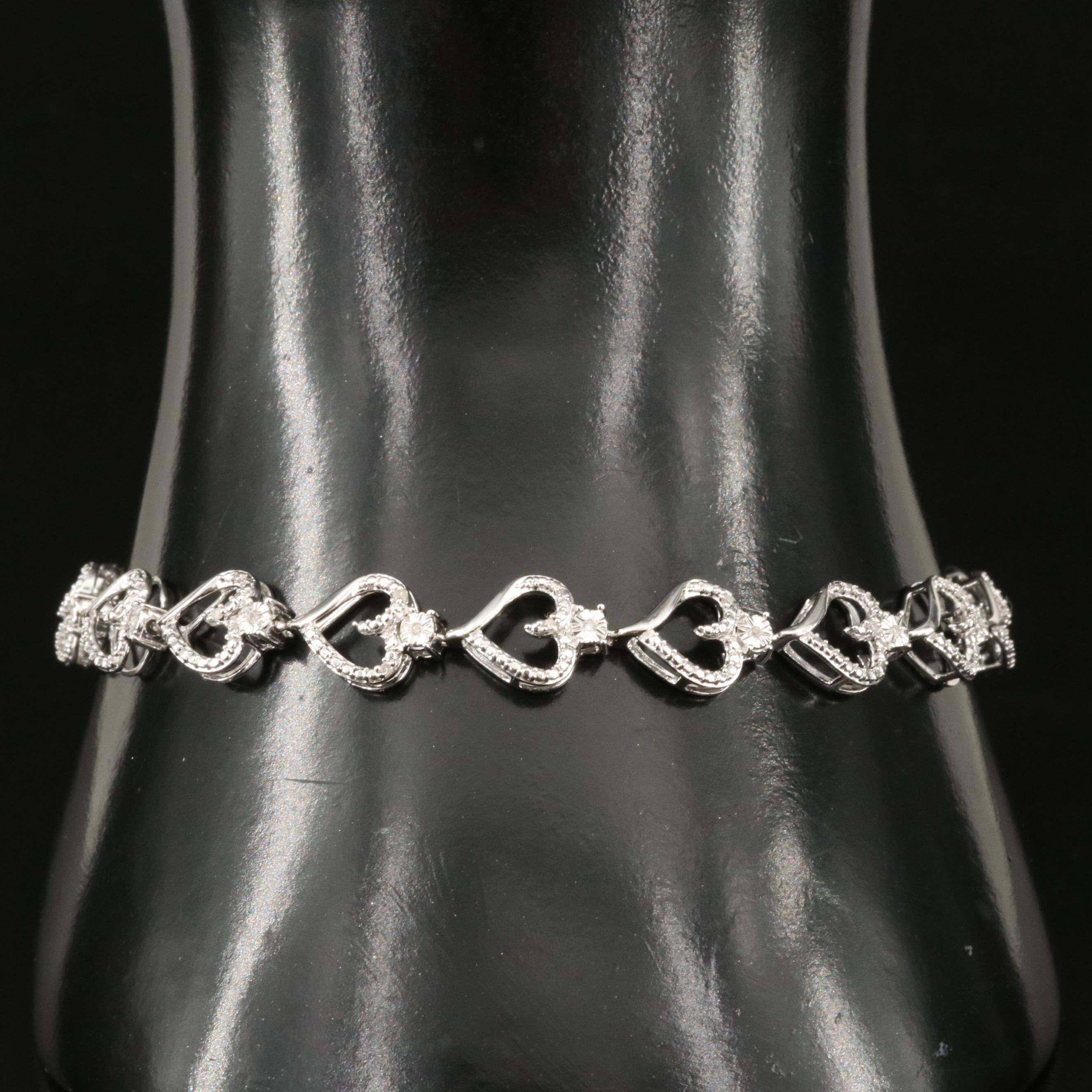 Sterling Diamond Heart Link Bracelet