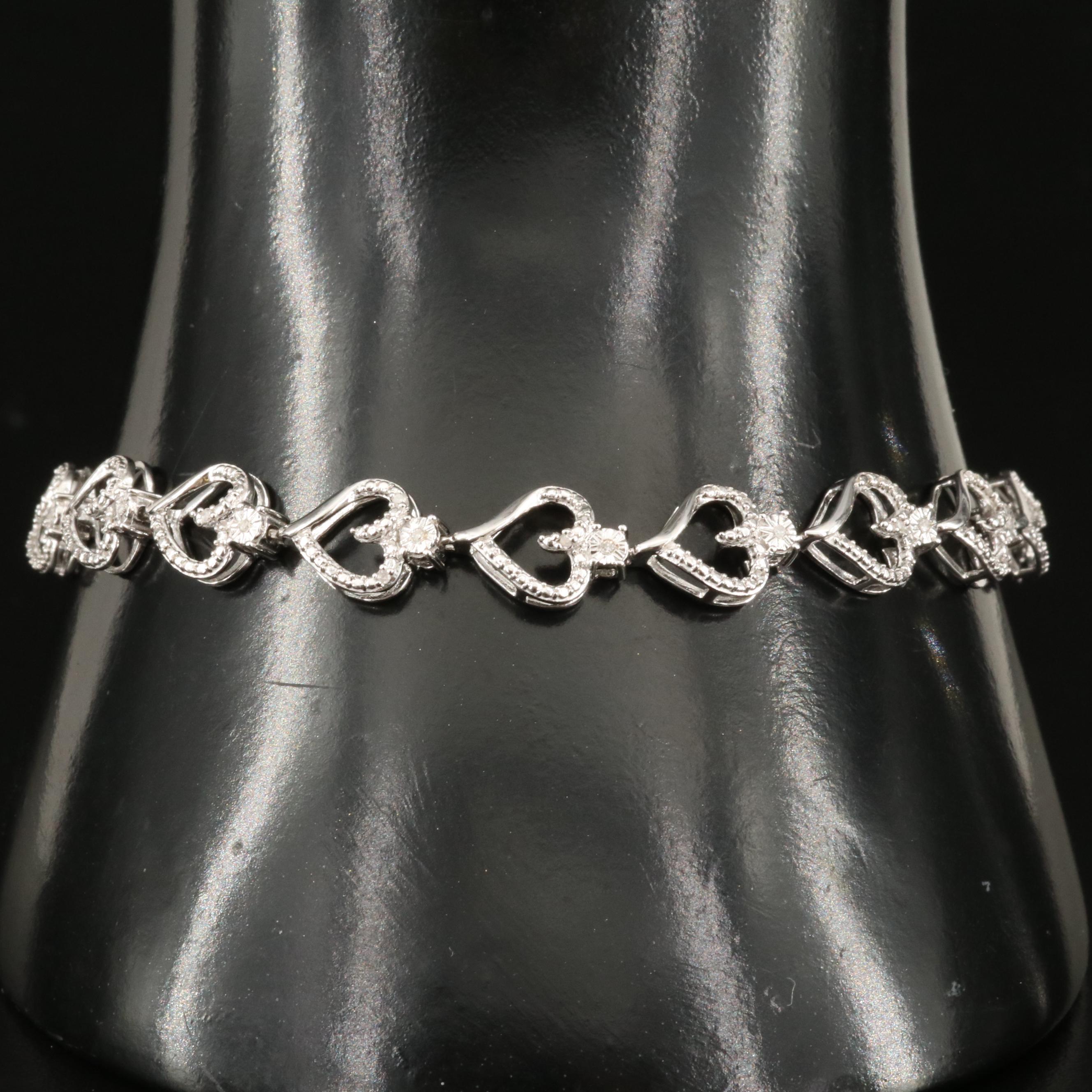 Sterling Diamond Heart Link Bracelet