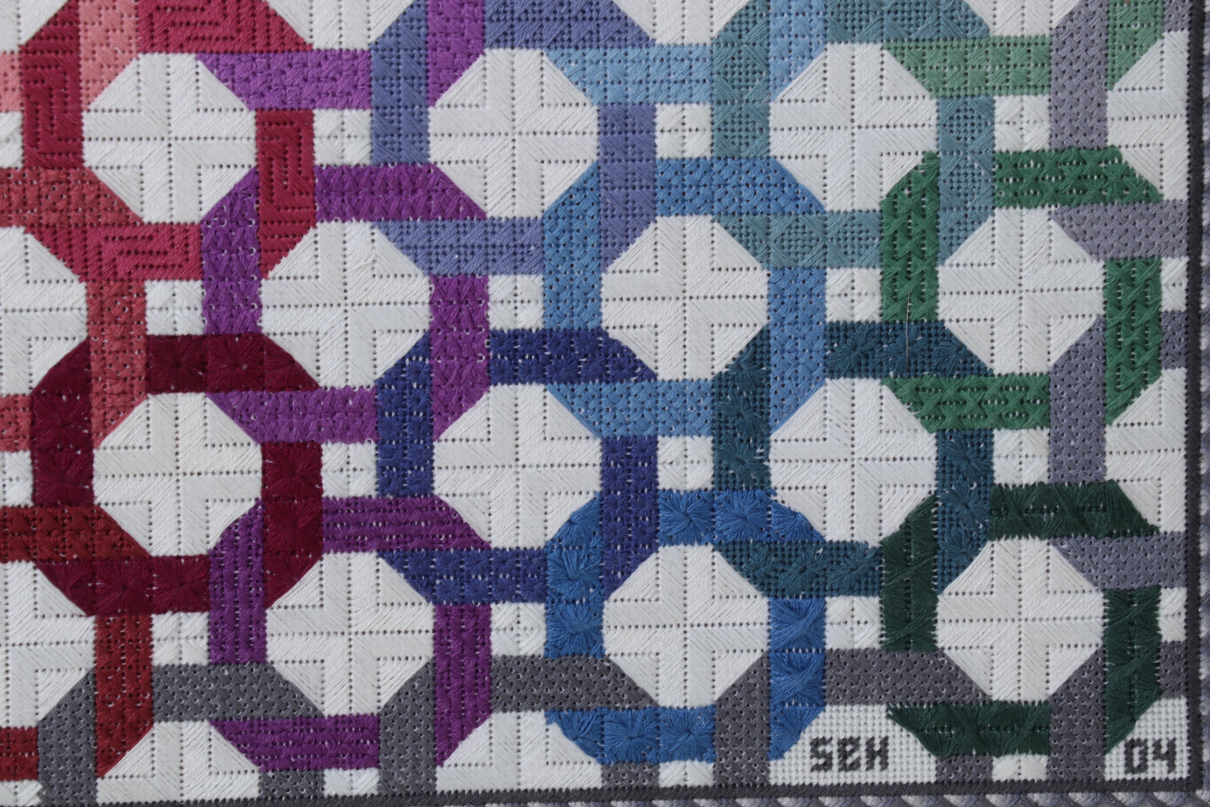 Handmade Needlepoint Color Gradient Lattice Panel in Frame, 2004