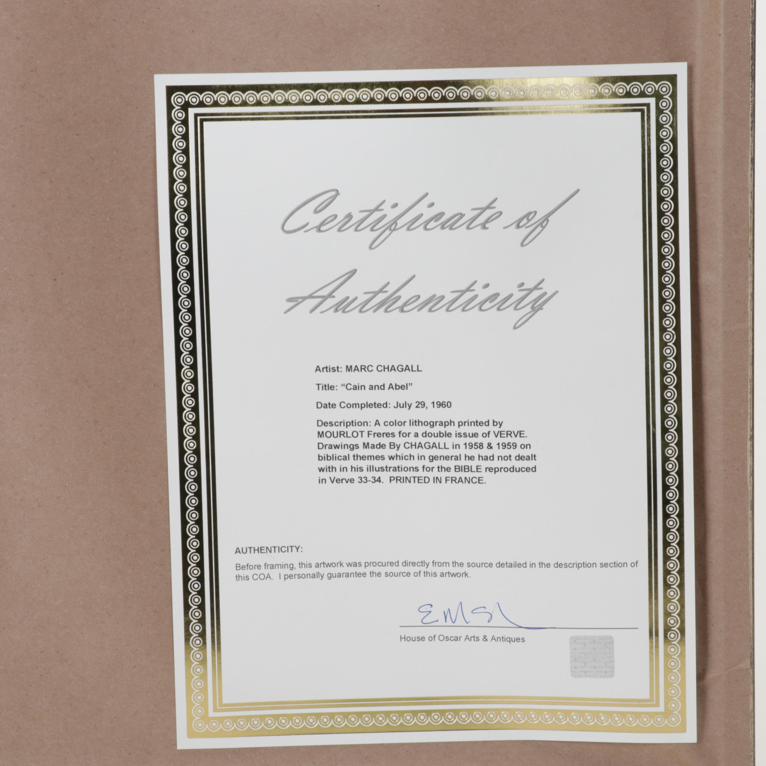 Marc Chagall Color Lithograph "Cain and Abel" From "Verve," 1960