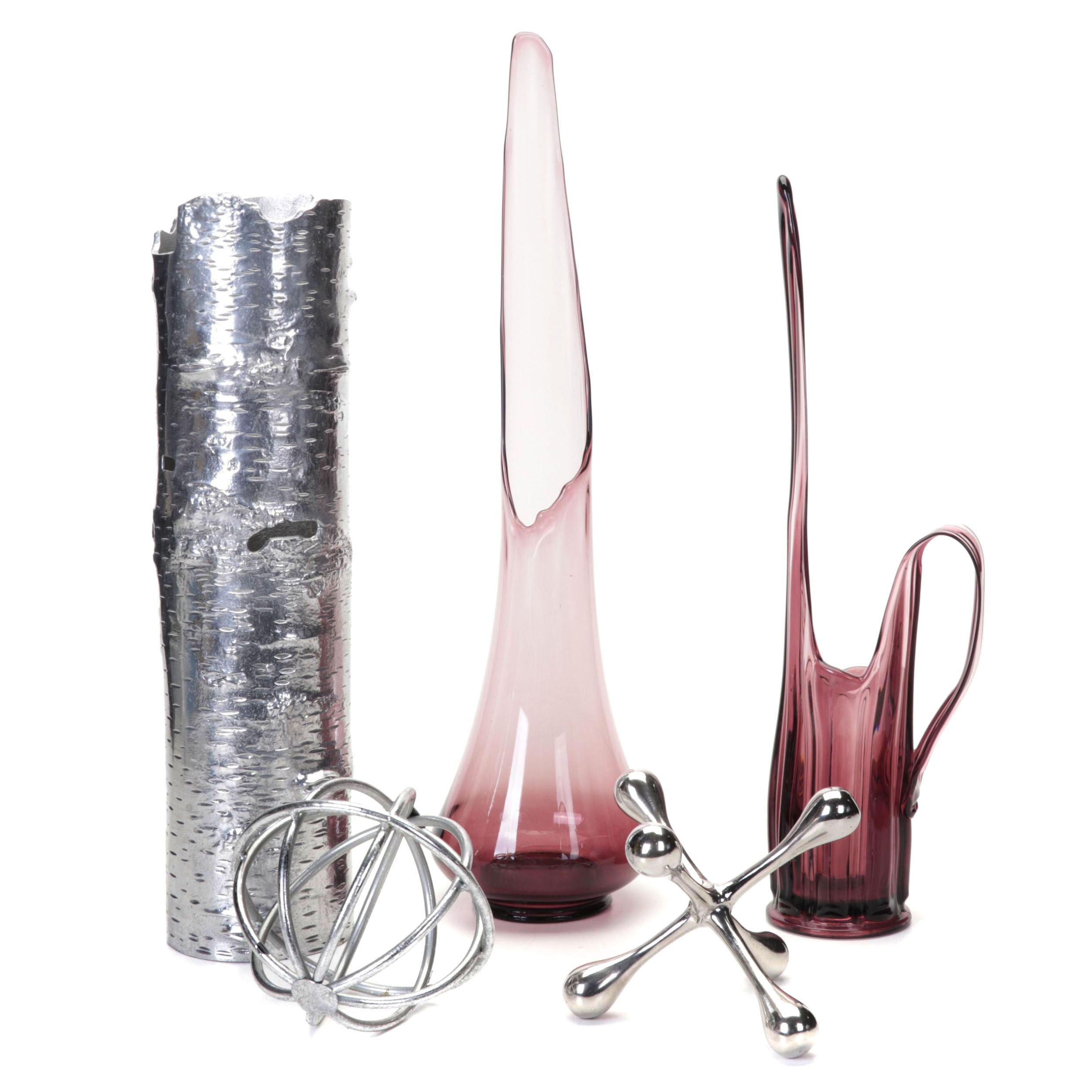 L.E. Smith Amethyst Glass Swung Vase, Pitcher, Metal Birch Bark Vase, More Décor