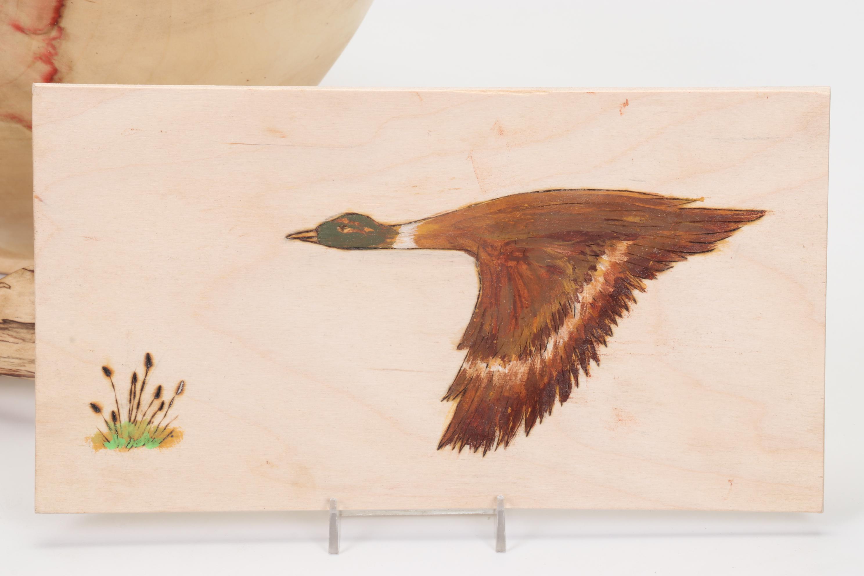 Jim Eliopulos Turned Box Elder Bowl, Carved Fish, and Hand-Painted Mallard Art