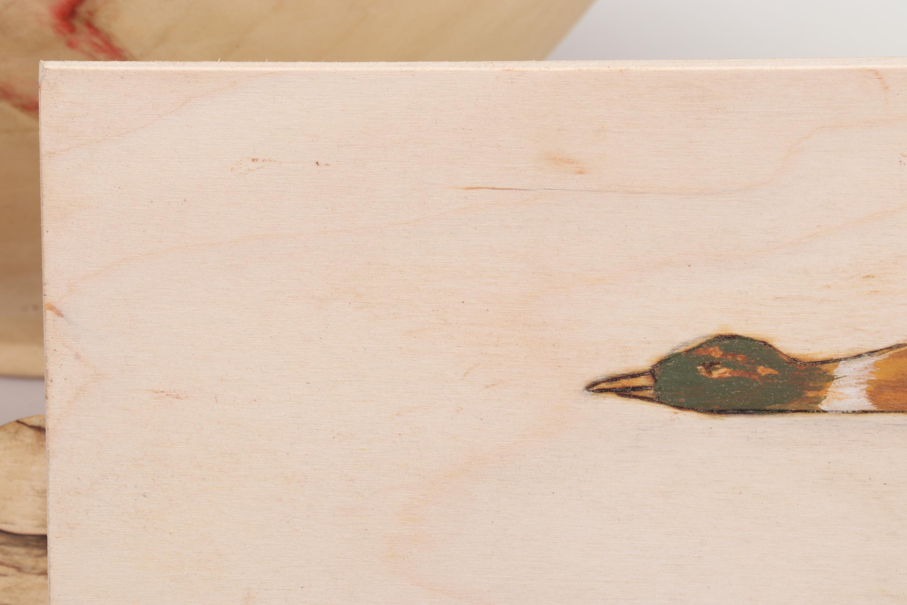 Jim Eliopulos Turned Box Elder Bowl, Carved Fish, and Hand-Painted Mallard Art