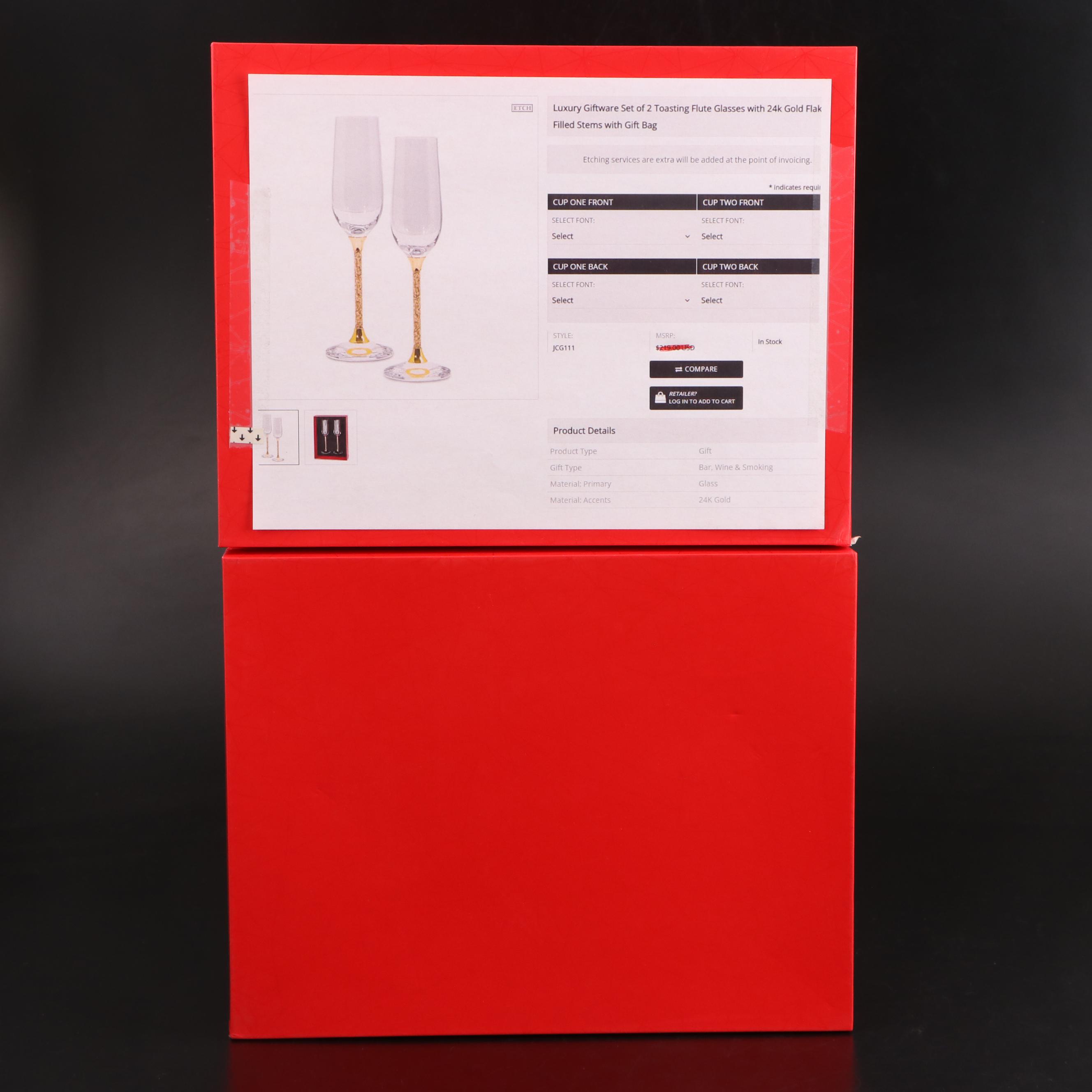 Glass Champagne Flutes with 24K Gold Flake Filled Stems