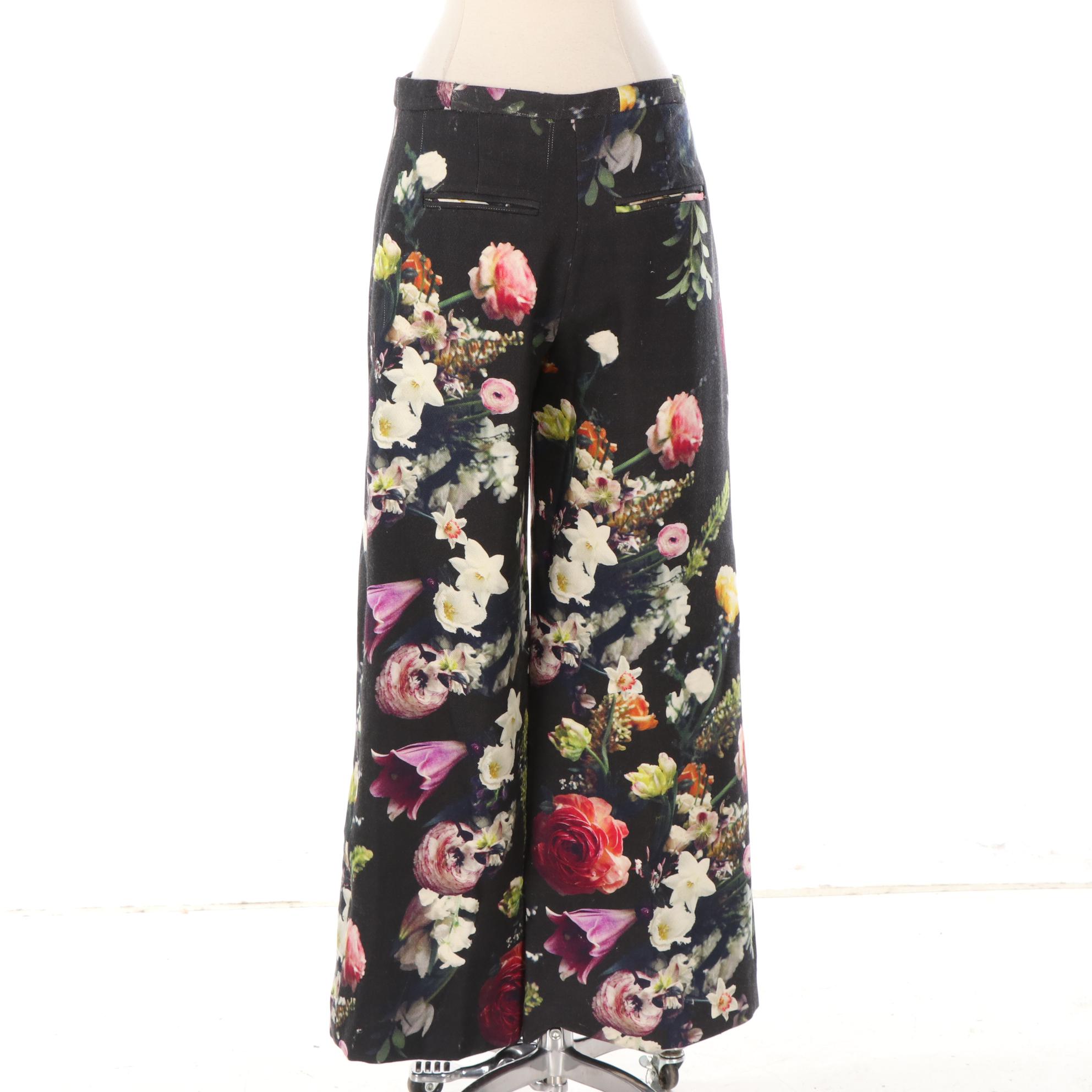 Adam Lippes Floral Print Wide-Leg Wool Trousers
