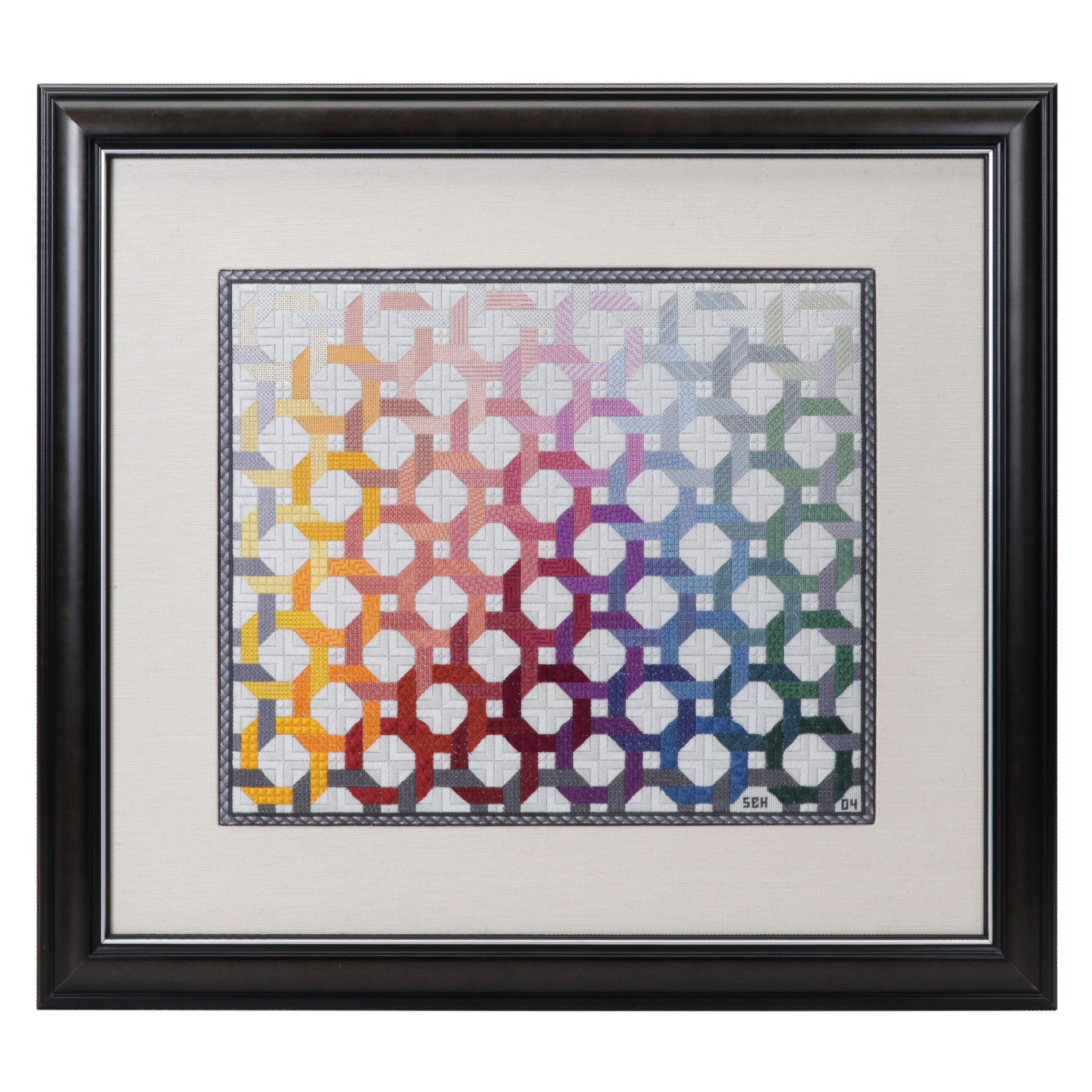 Handmade Needlepoint Color Gradient Lattice Panel in Frame, 2004