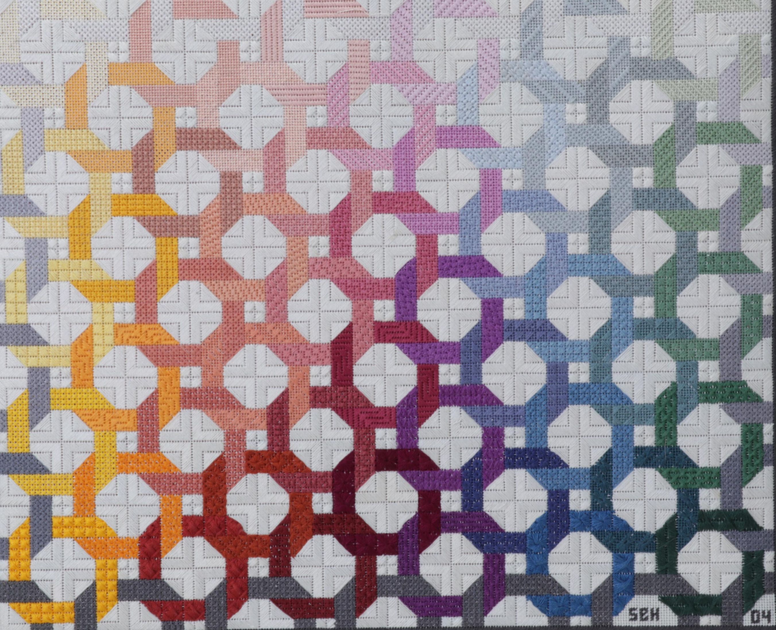 Handmade Needlepoint Color Gradient Lattice Panel in Frame, 2004