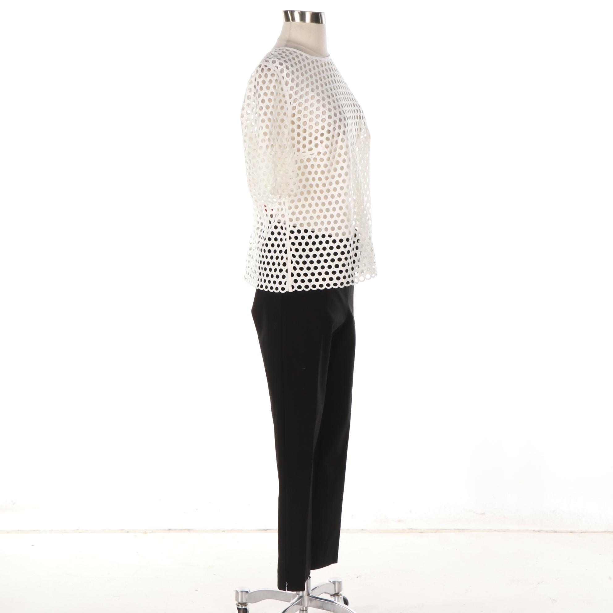 Akris Punto White Embroidered Dot Top and Pure Collection Stretch Cotton Pant