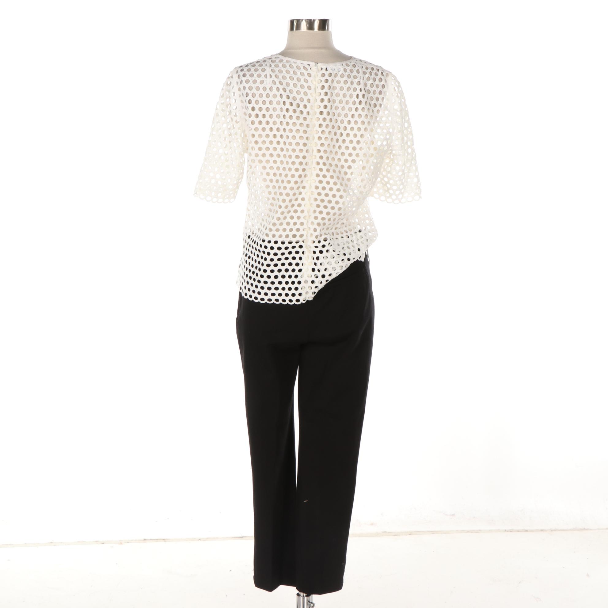 Akris Punto White Embroidered Dot Top and Pure Collection Stretch Cotton Pant