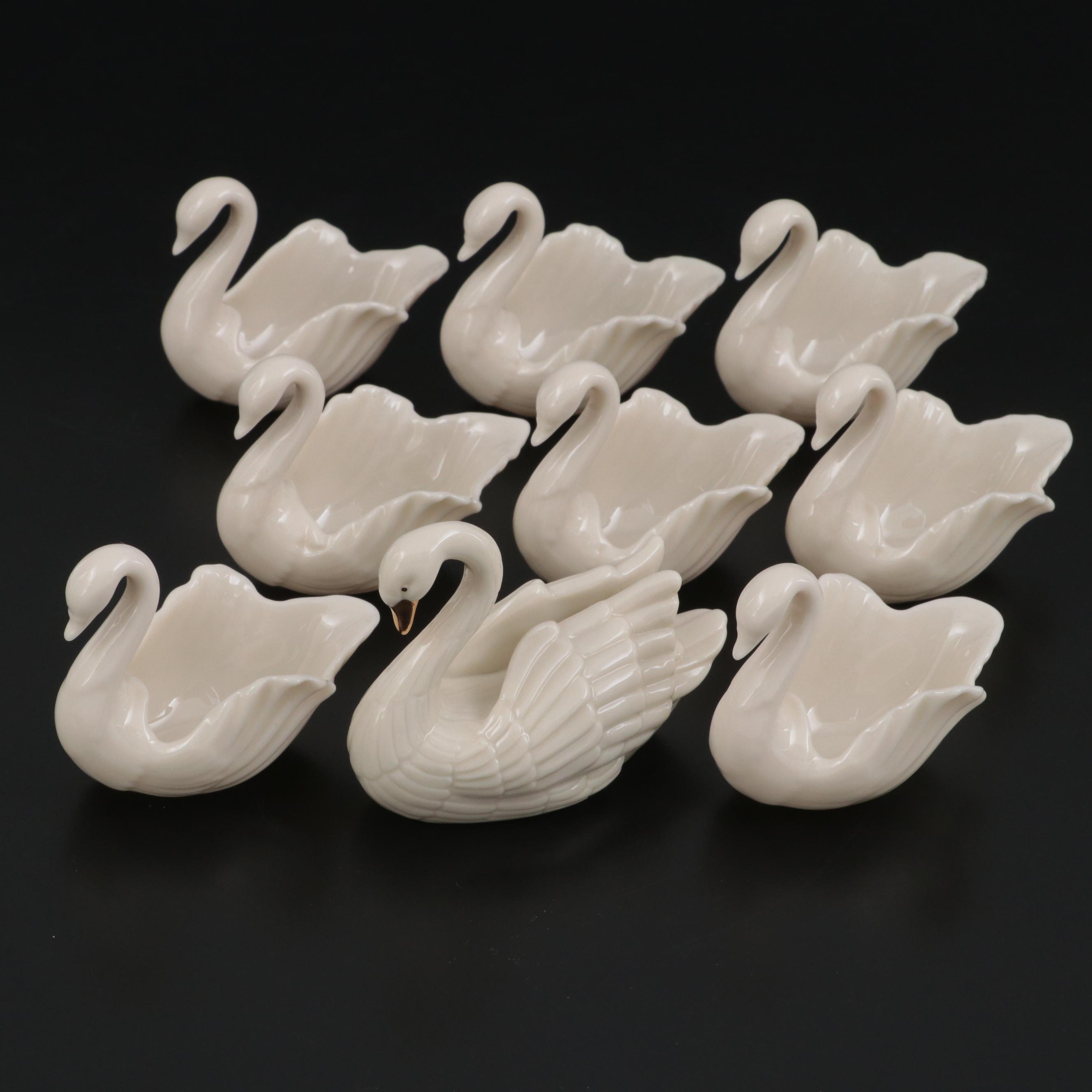 Lenox Miniature Ivory China and Gilt Swan with Eight Lenox Swan Salt Cellars