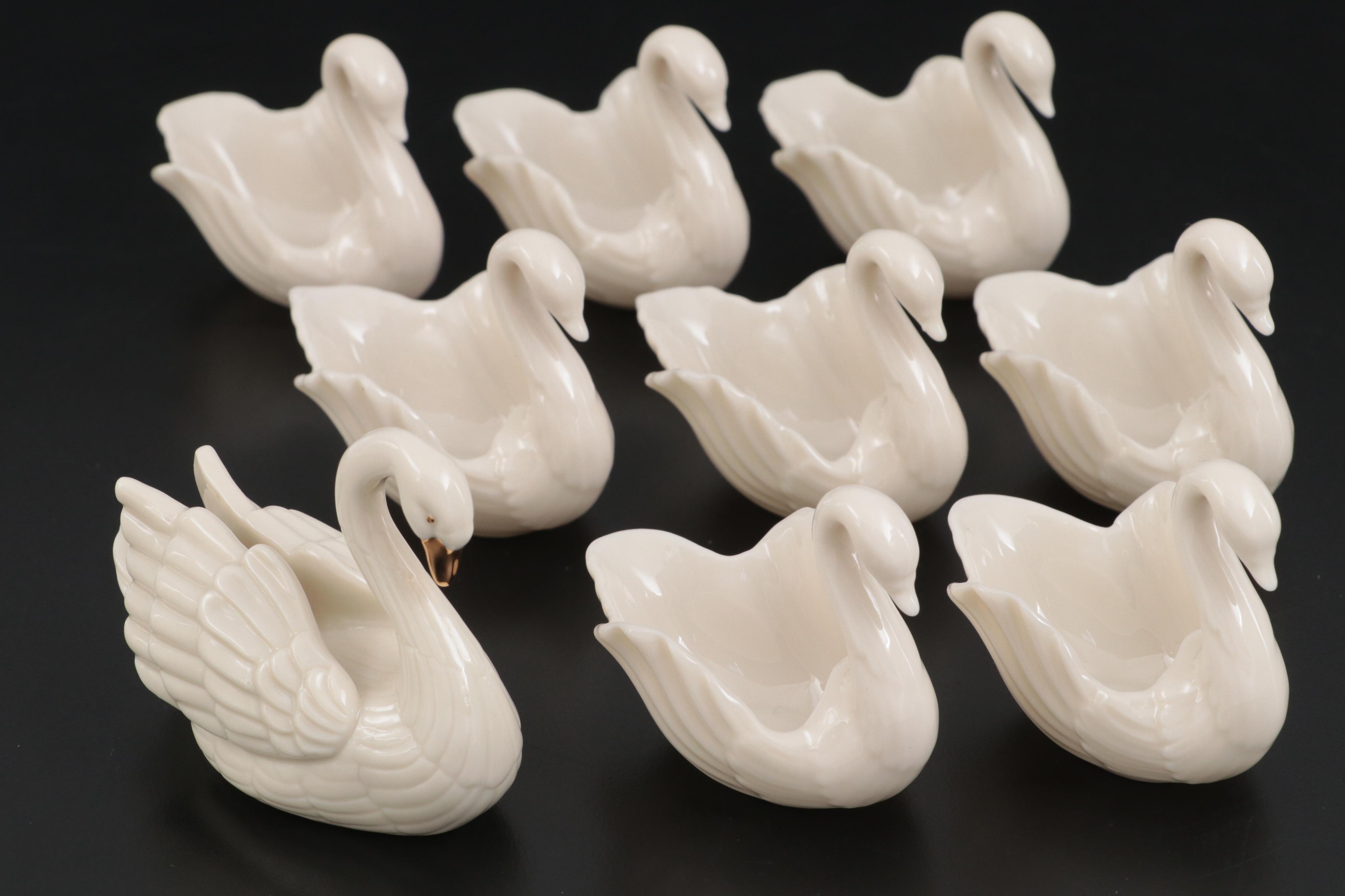 Lenox Miniature Ivory China and Gilt Swan with Eight Lenox Swan Salt Cellars