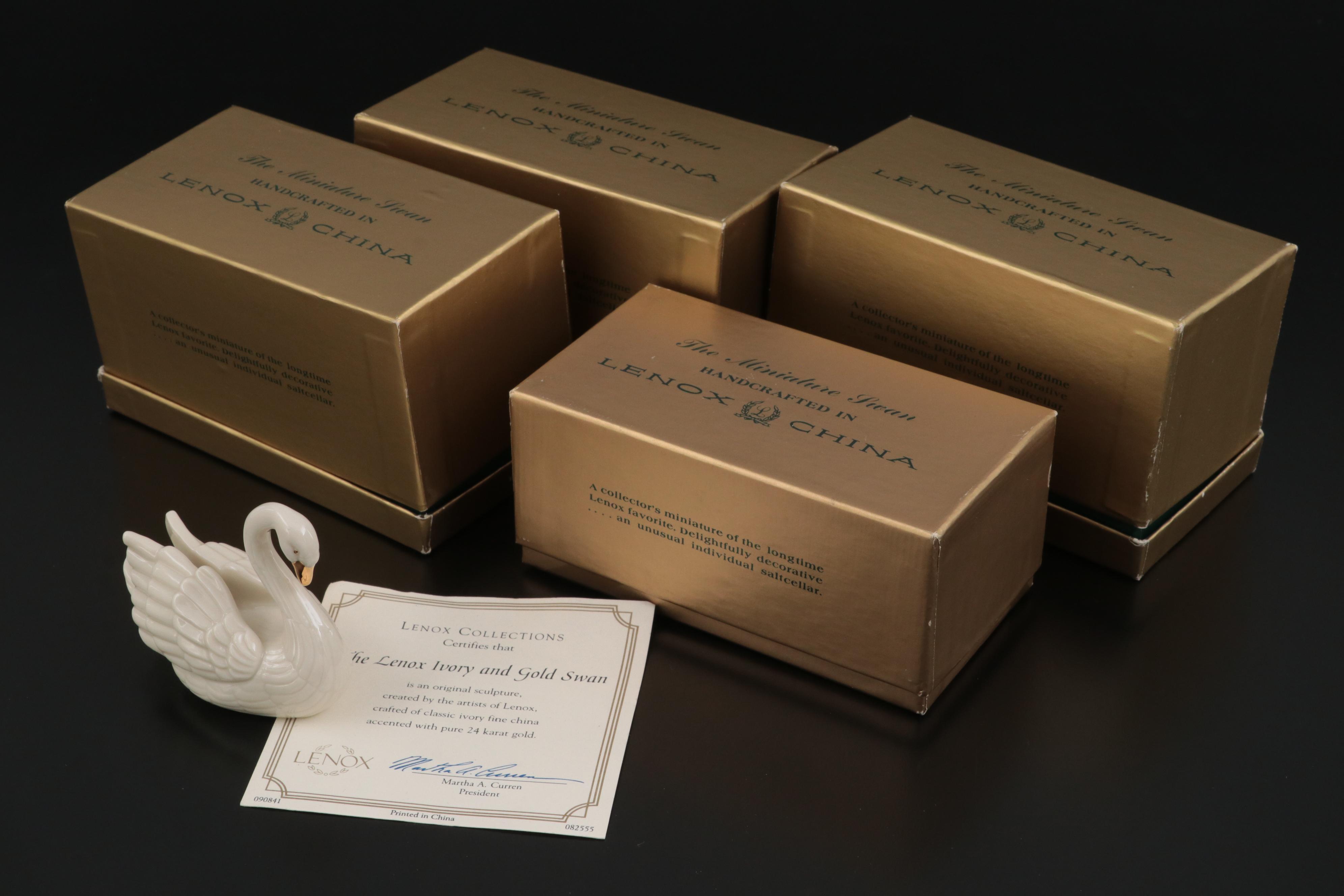 Lenox Miniature Ivory China and Gilt Swan with Eight Lenox Swan Salt Cellars