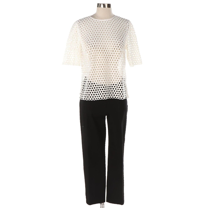 Akris Punto White Embroidered Dot Top and Pure Collection Stretch Cotton Pant