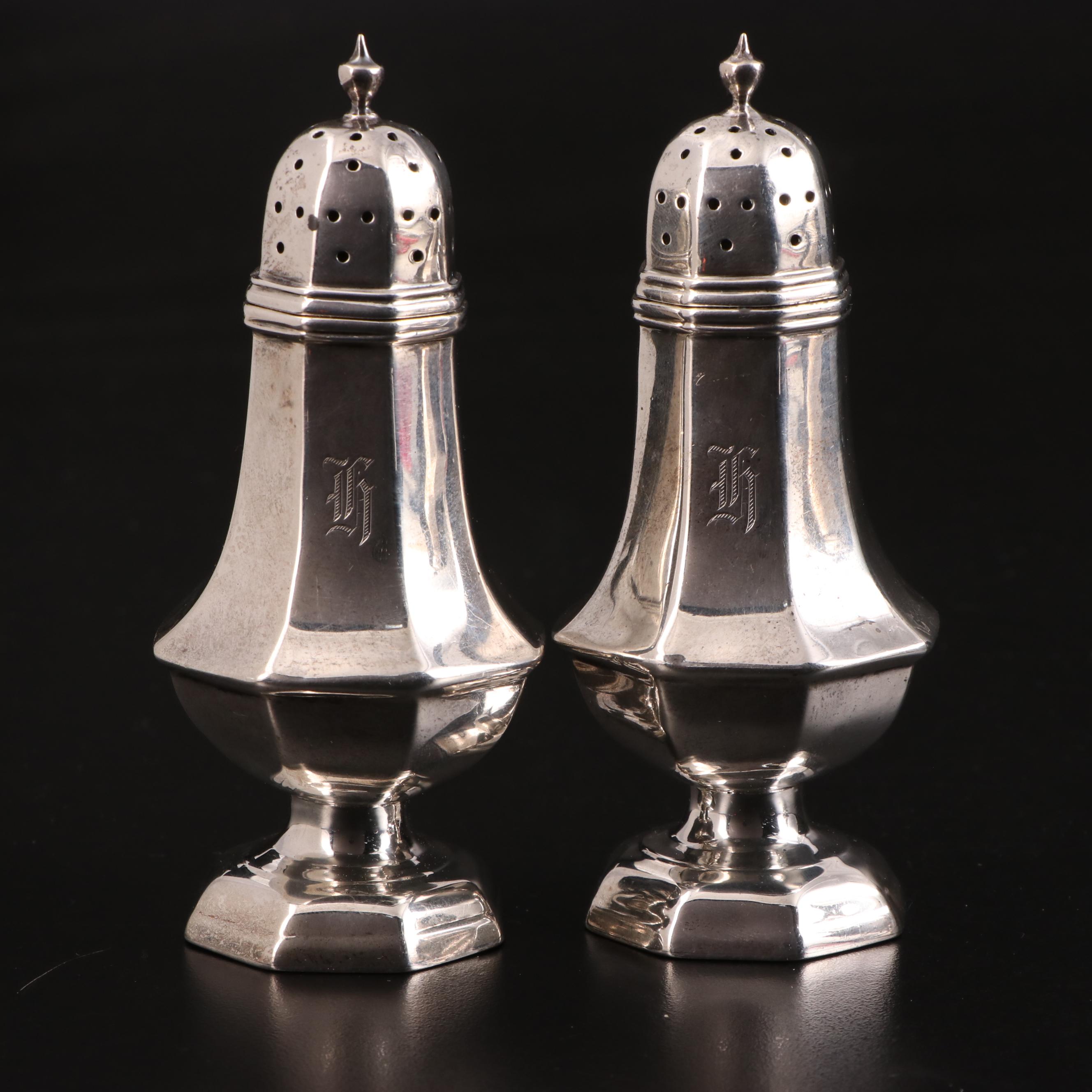Davis & Galt Sterling Silver Monogrammed Salt and Pepper Shakers, Late 19th C