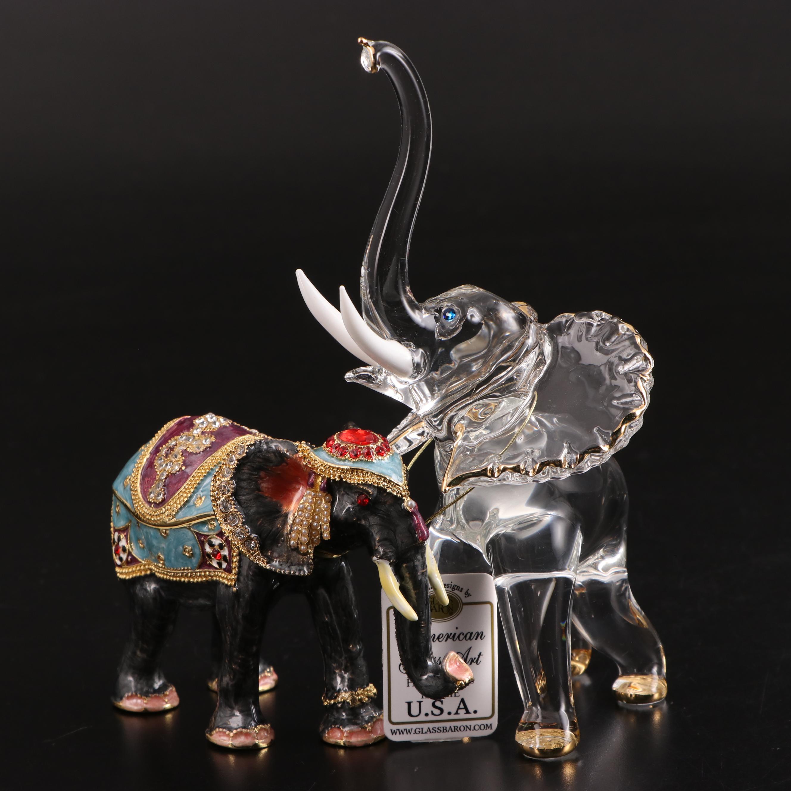 Glass Baron and Jere Elephant Figurine and Trinket Box with Necklace