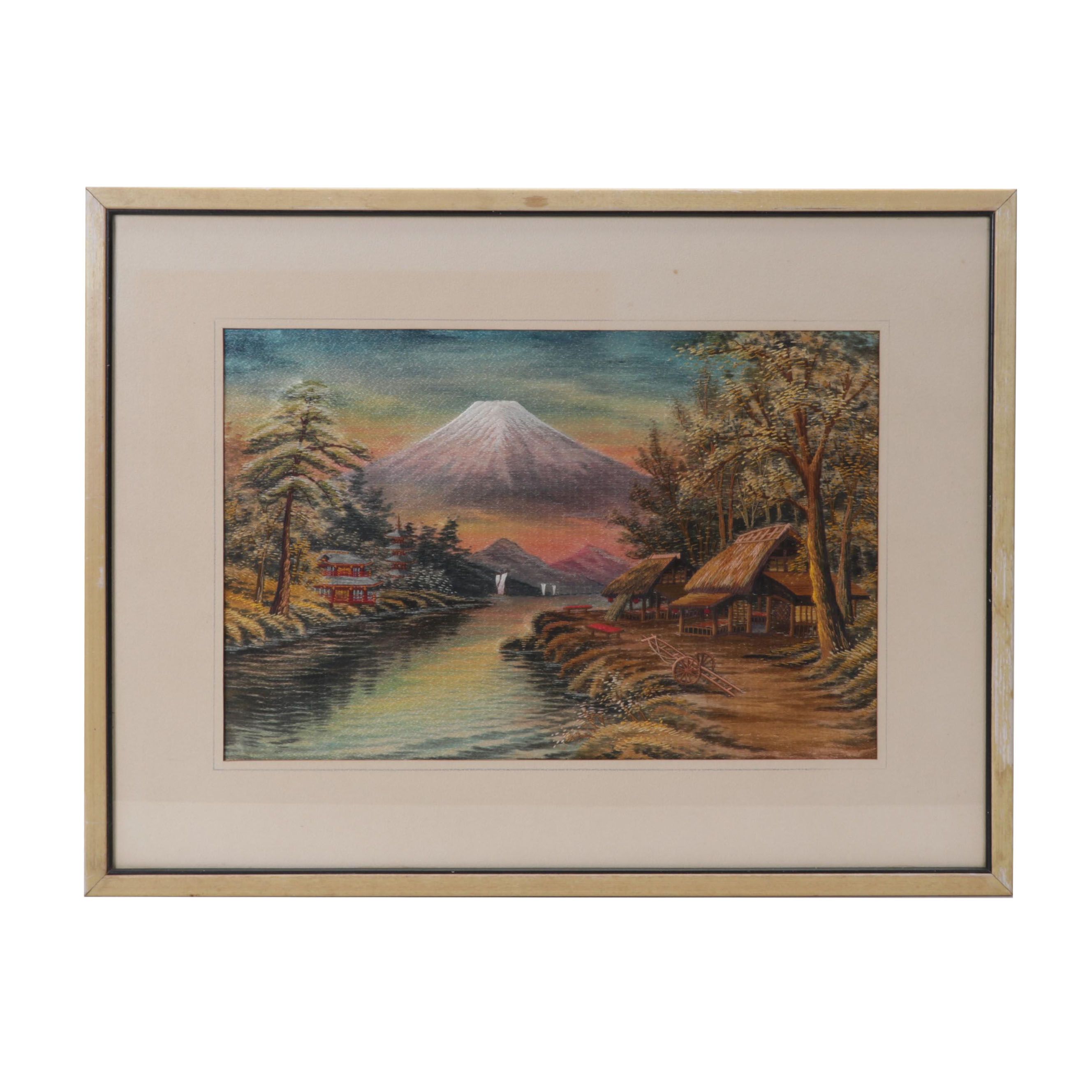 Japanese Hand-Embroidered Silk Mt. Fuji Landscape
