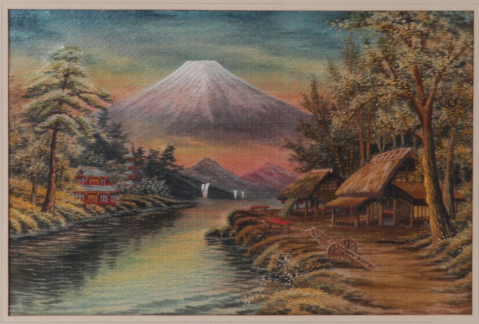 Japanese Hand-Embroidered Silk Mt. Fuji Landscape