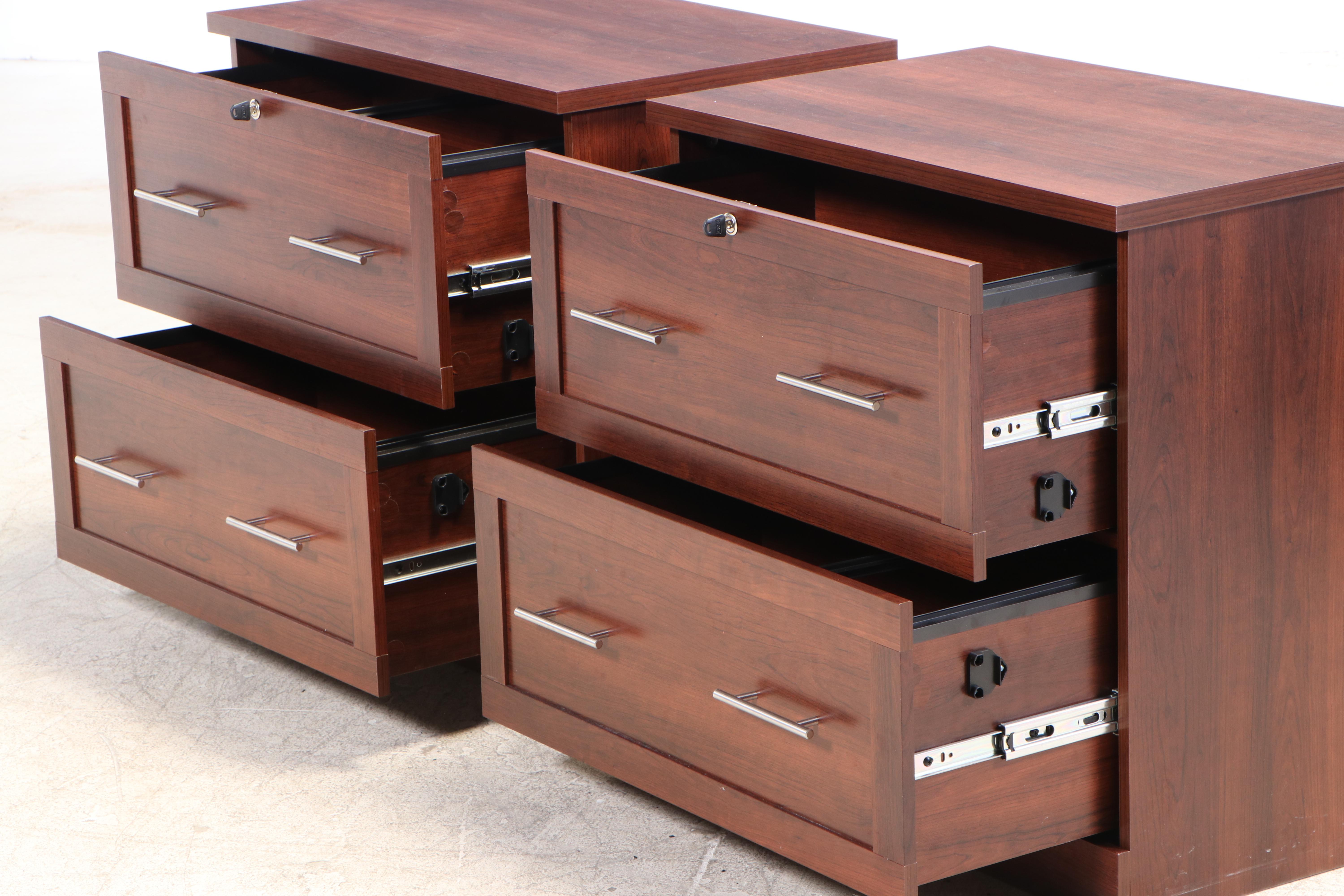 Pair of Sauder Walnut-Grained Laminate Two-Drawer File Cabinets