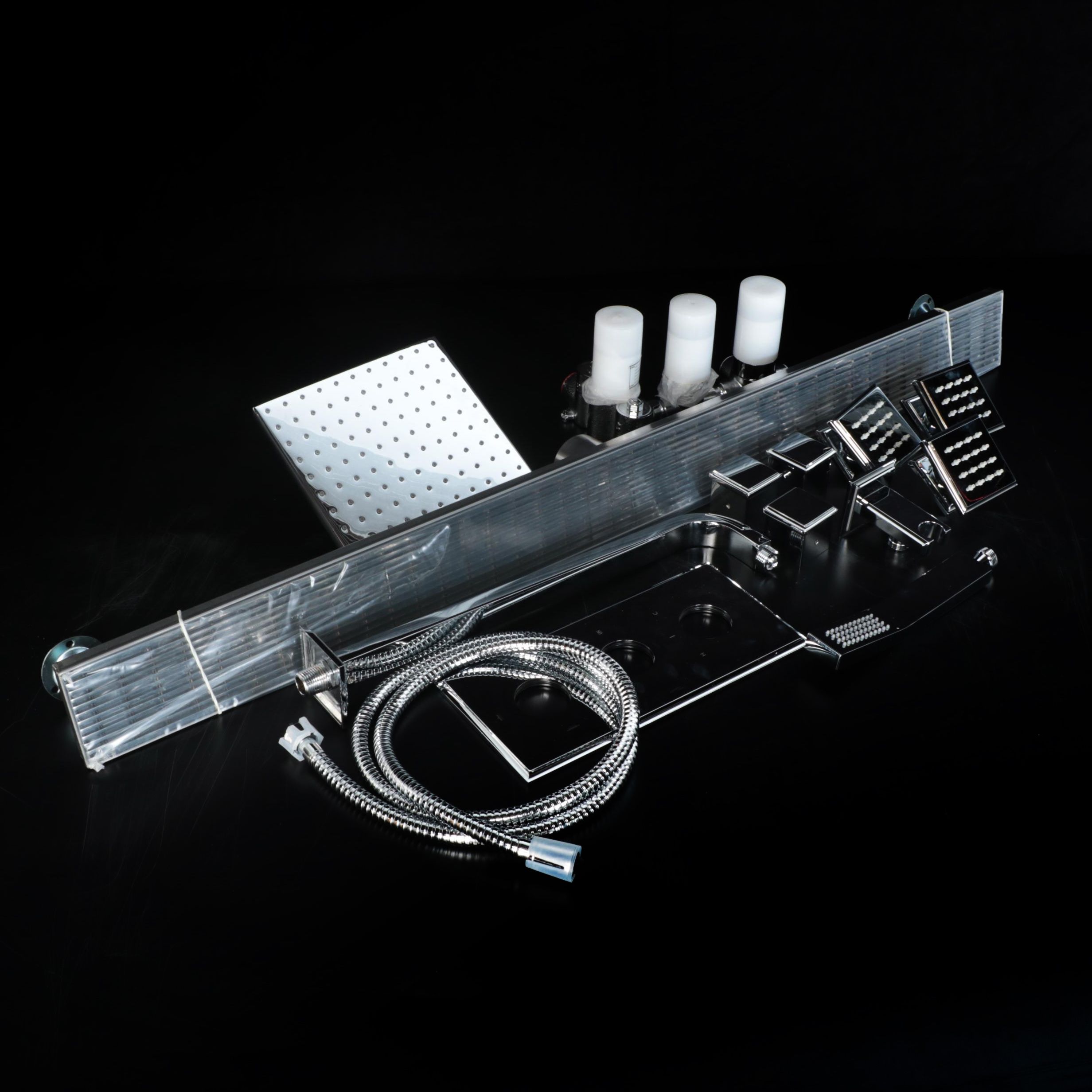 Thermostatic Shower System with Hand Shower, Three Body Sprays, 40" Linear Drain