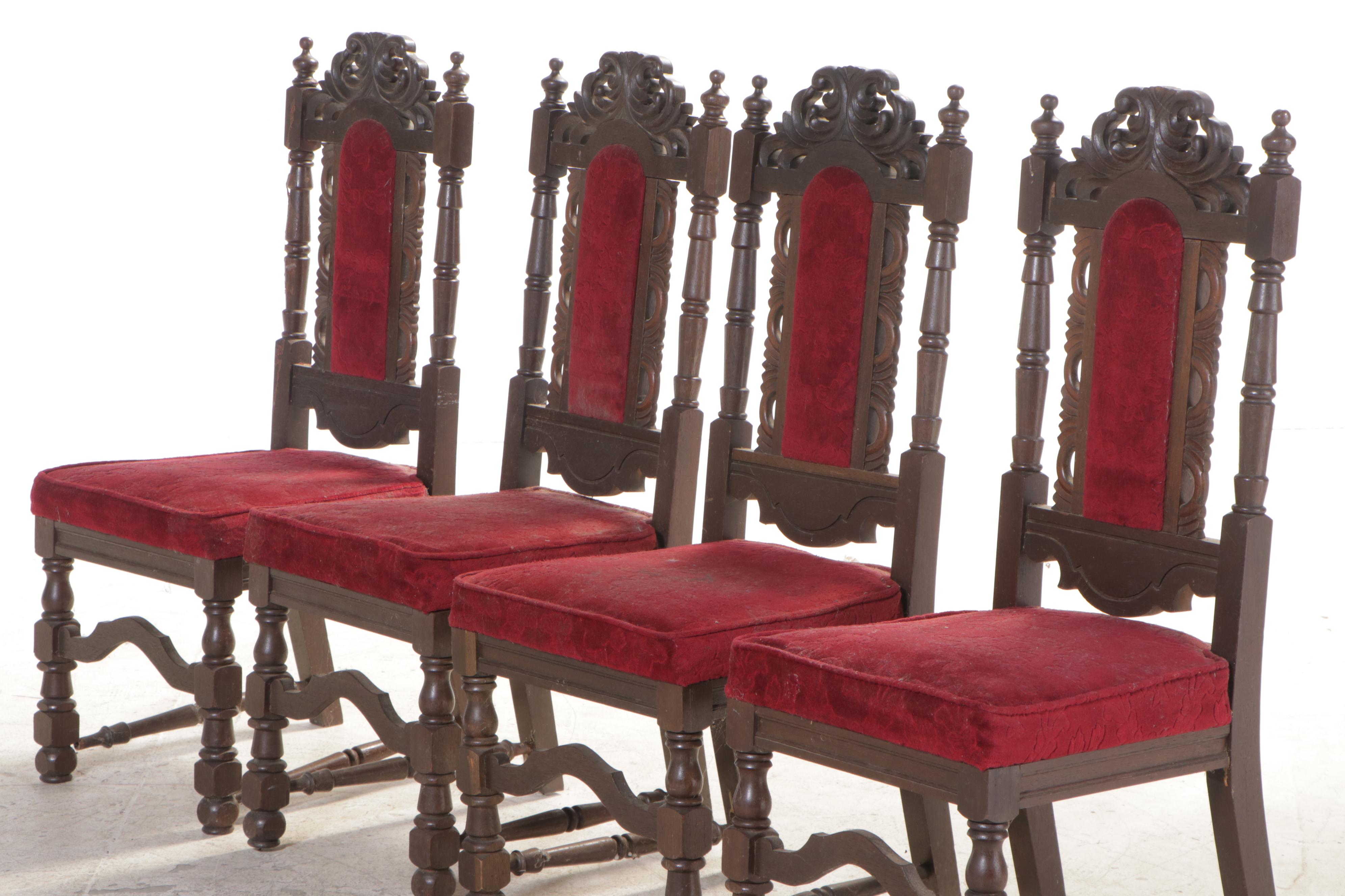 Six Jacobean Revival Carved Oak Side Chairs, Early 20th Century