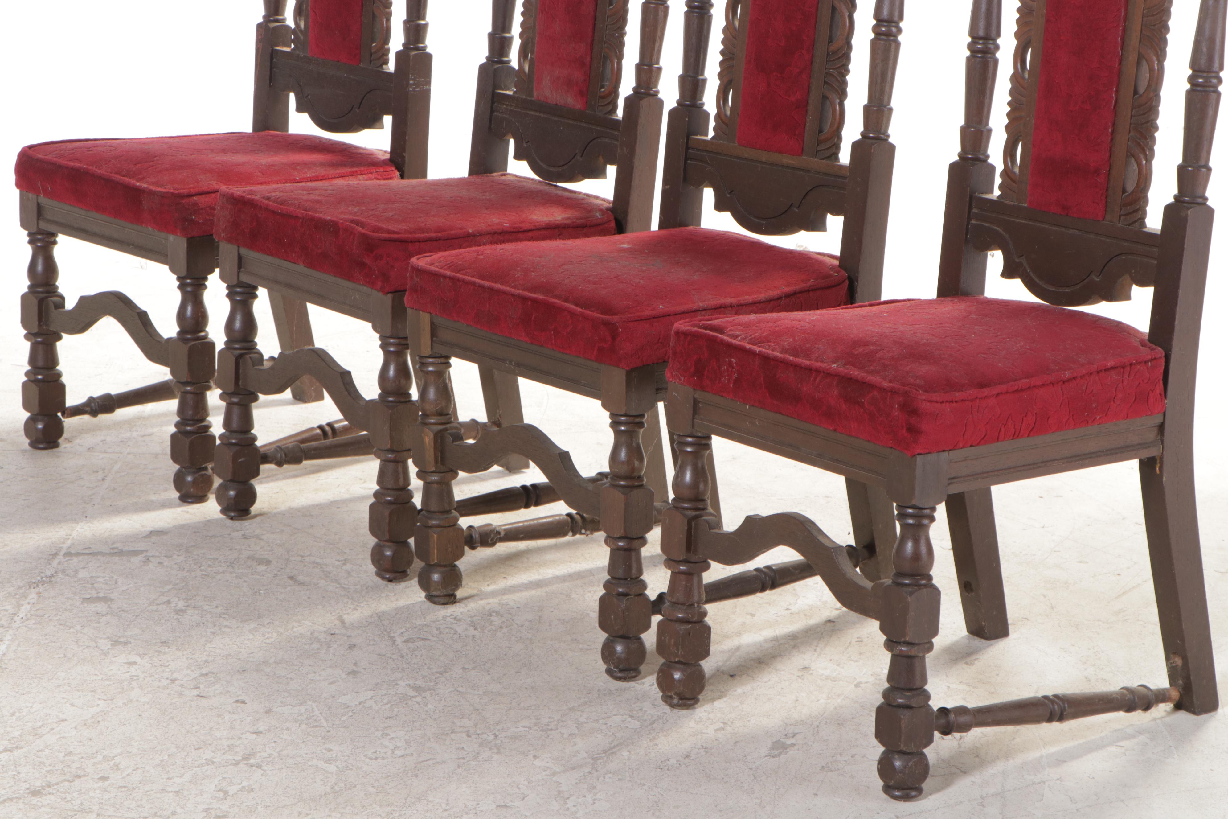Six Jacobean Revival Carved Oak Side Chairs, Early 20th Century