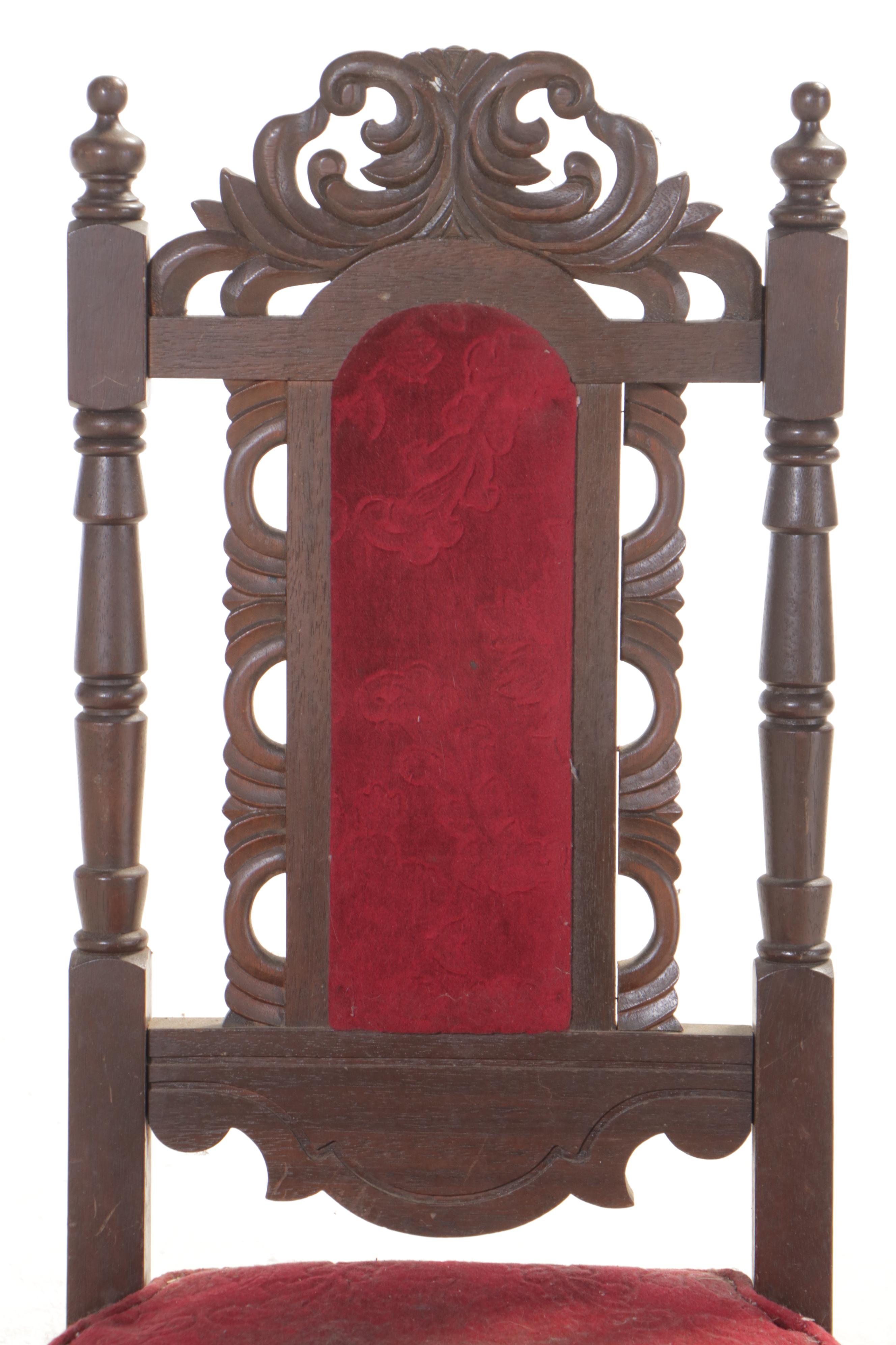 Six Jacobean Revival Carved Oak Side Chairs, Early 20th Century