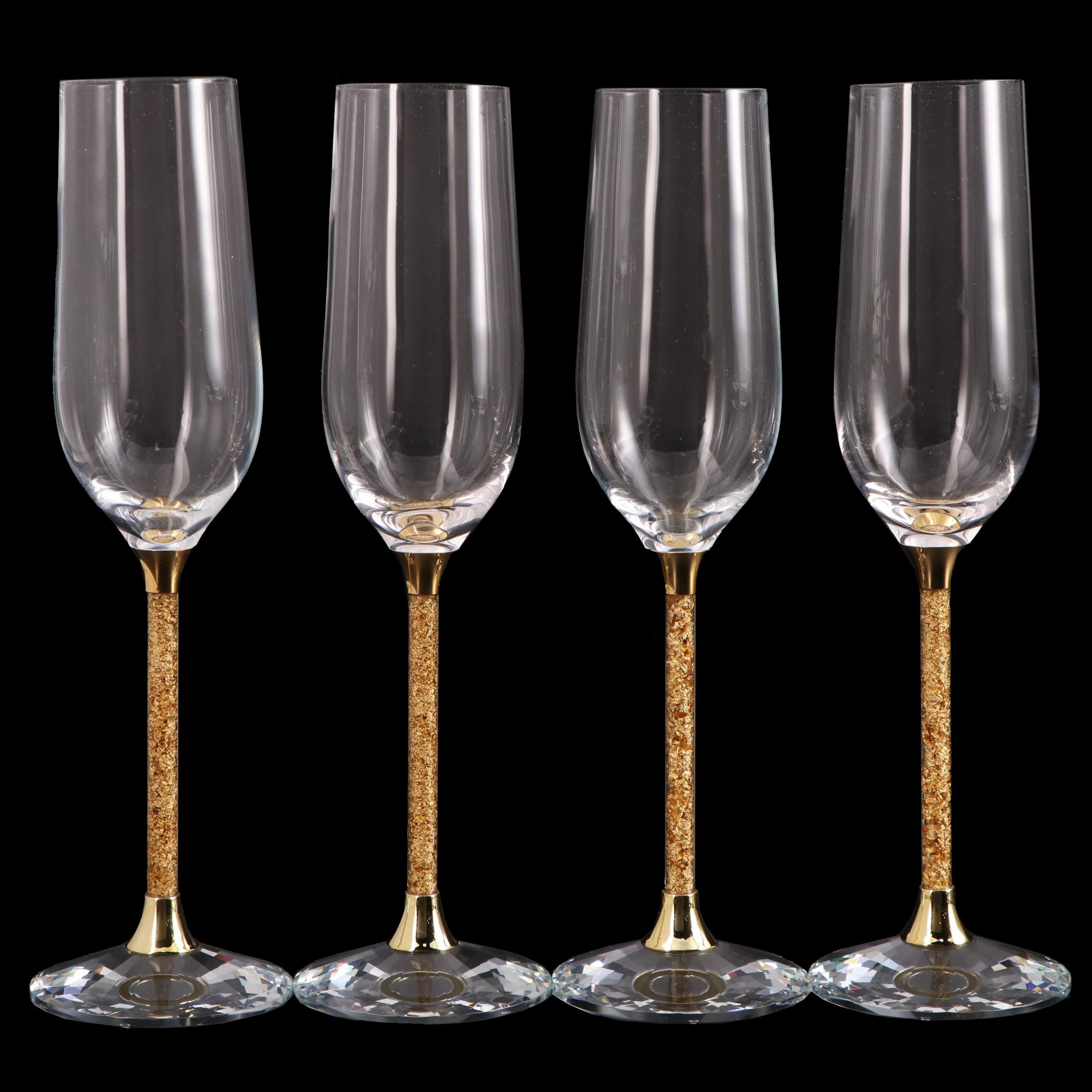 Glass Champagne Flutes with 24K Gold Flake Filled Stems