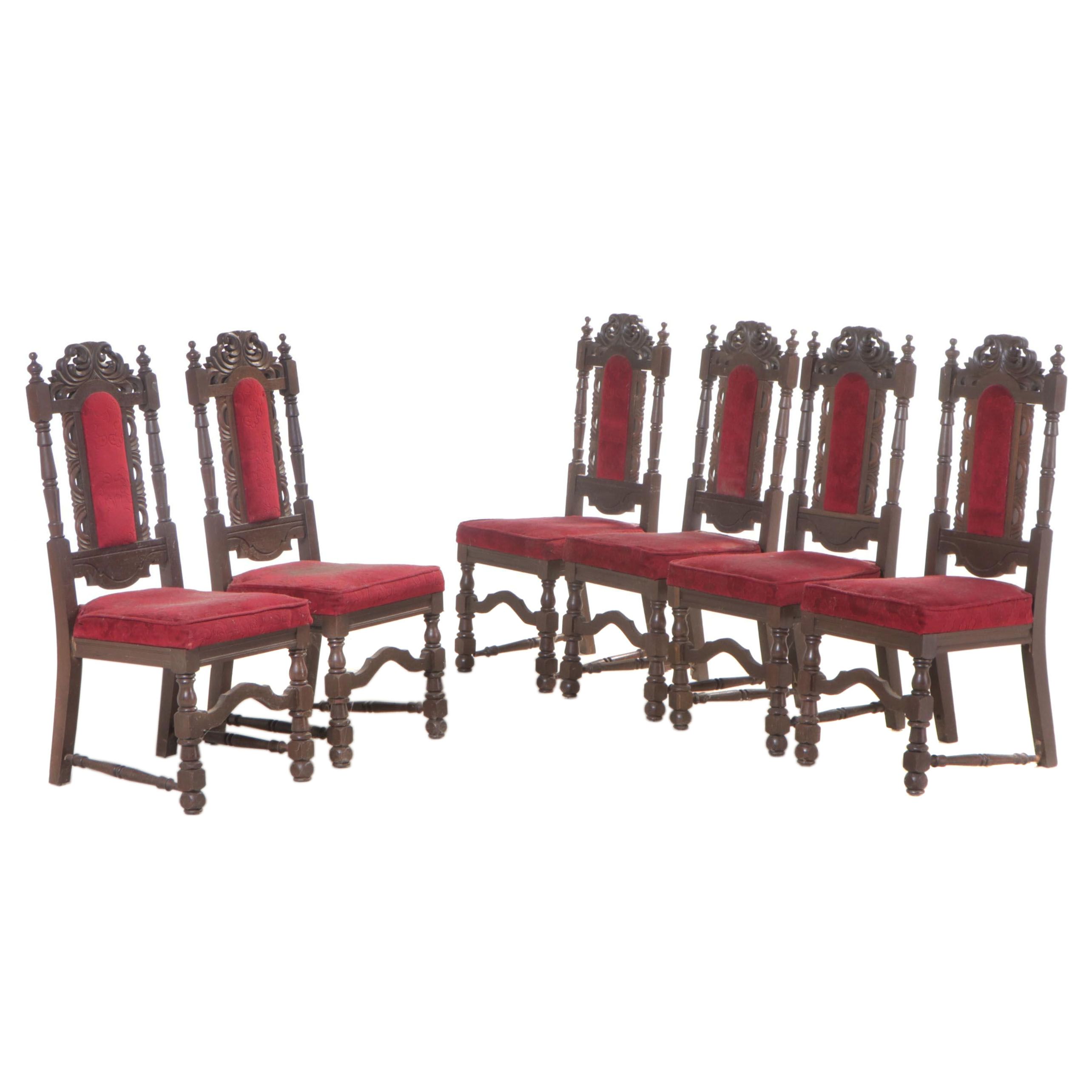 Six Jacobean Revival Carved Oak Side Chairs, Early 20th Century
