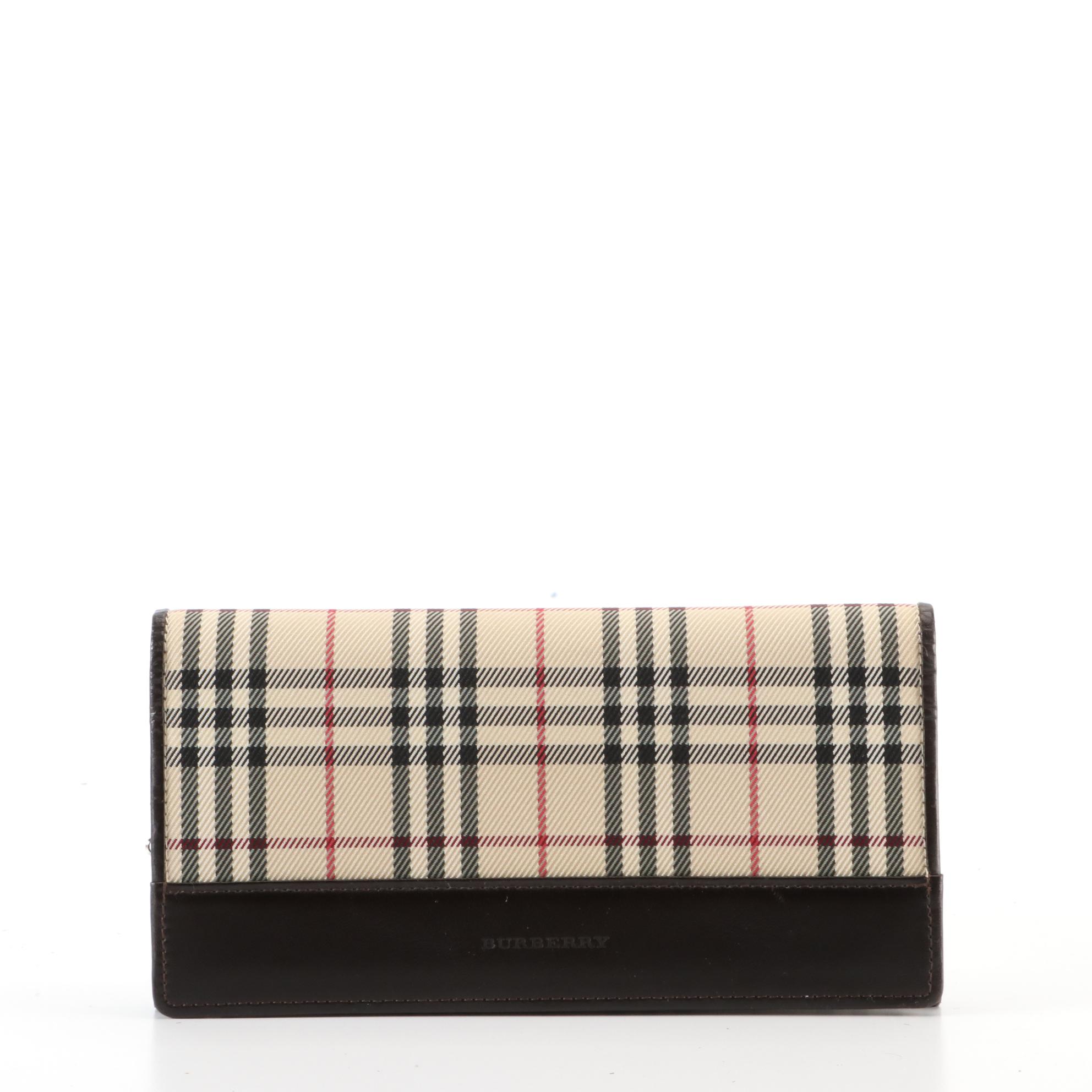 Burberry Long Wallet in Nova Check Gabardine and Dark Brown Leather