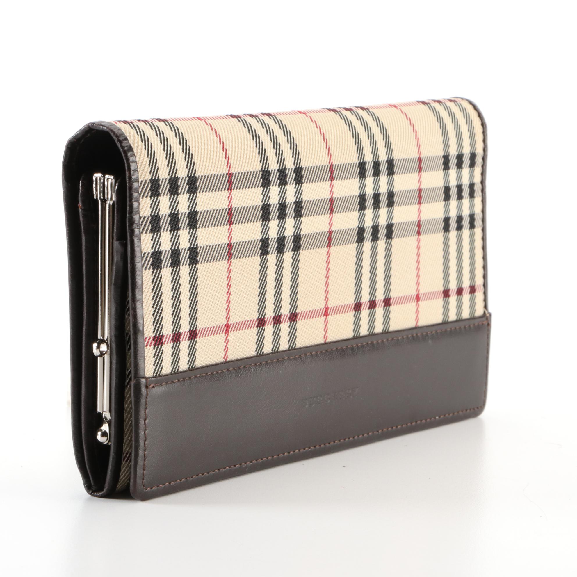 Burberry Long Wallet in Nova Check Gabardine and Dark Brown Leather