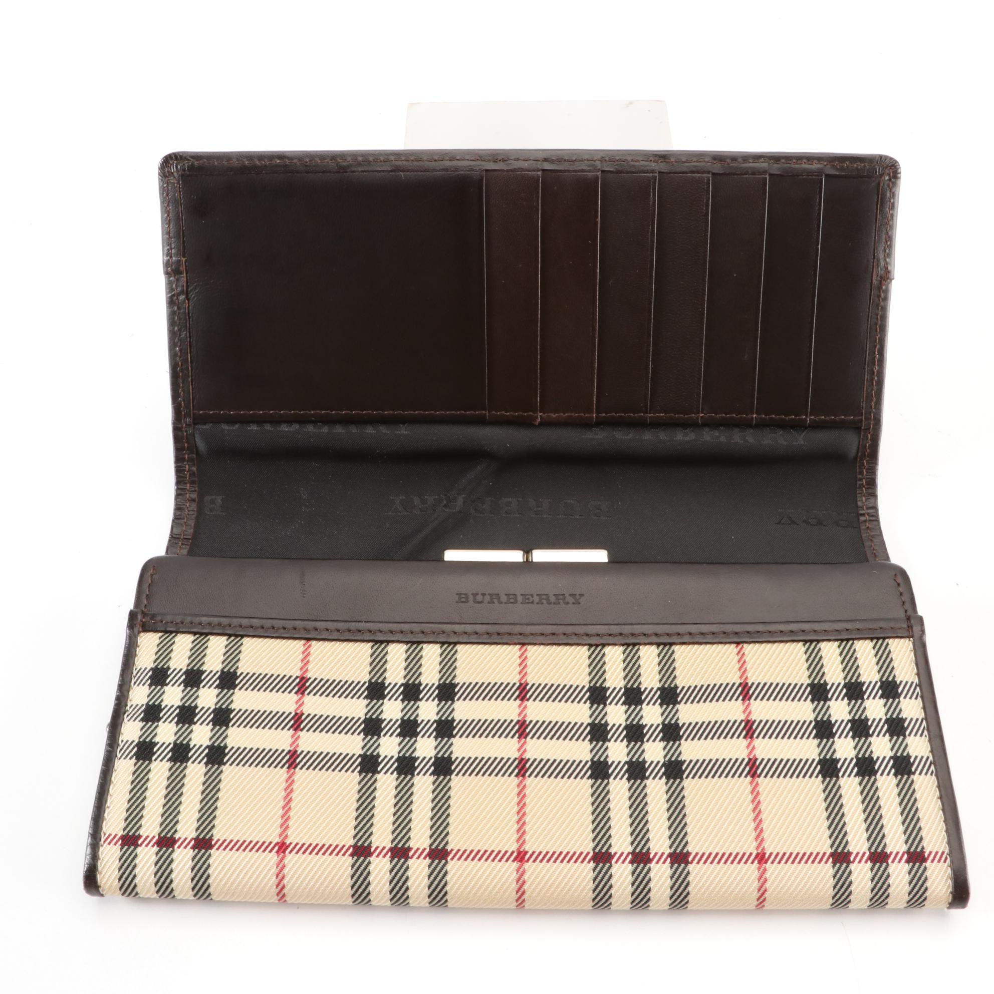Burberry Long Wallet in Nova Check Gabardine and Dark Brown Leather