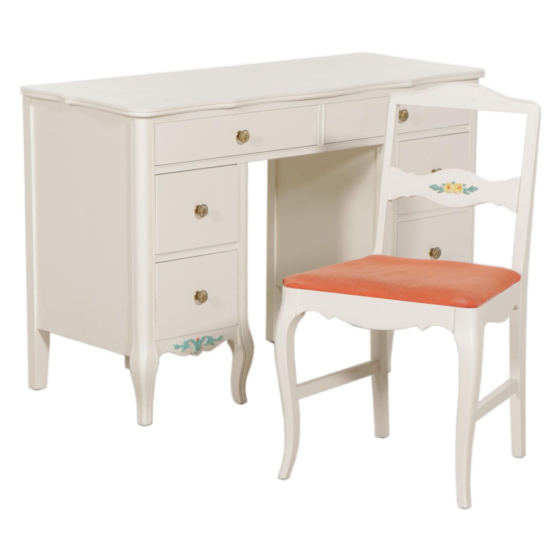 West Michigan Furniture Co. White and Paint-Decorated Wood Desk and Chair