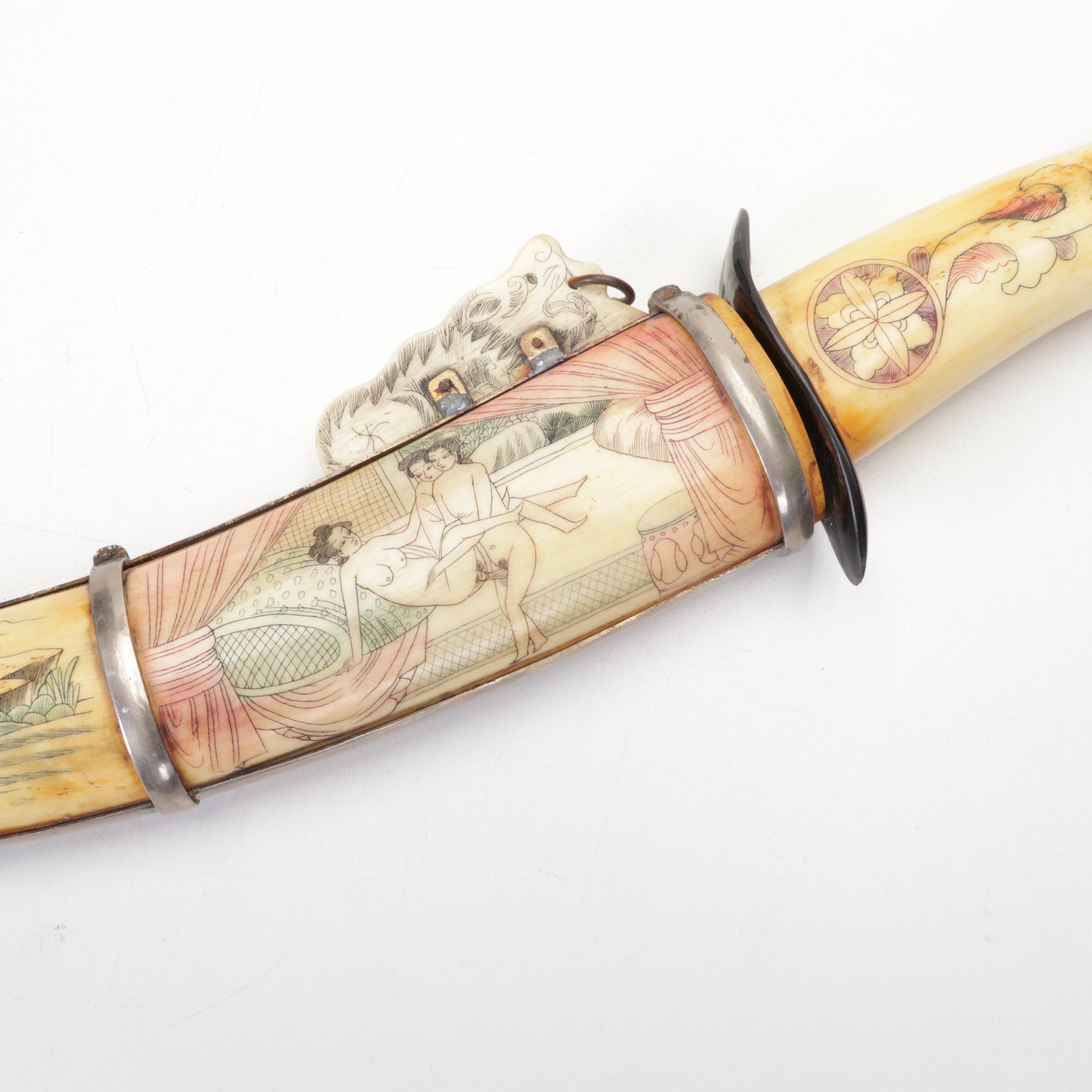 Chinese Scrimshaw Bone Dagger, Sheath and Wooden Abacus in Case