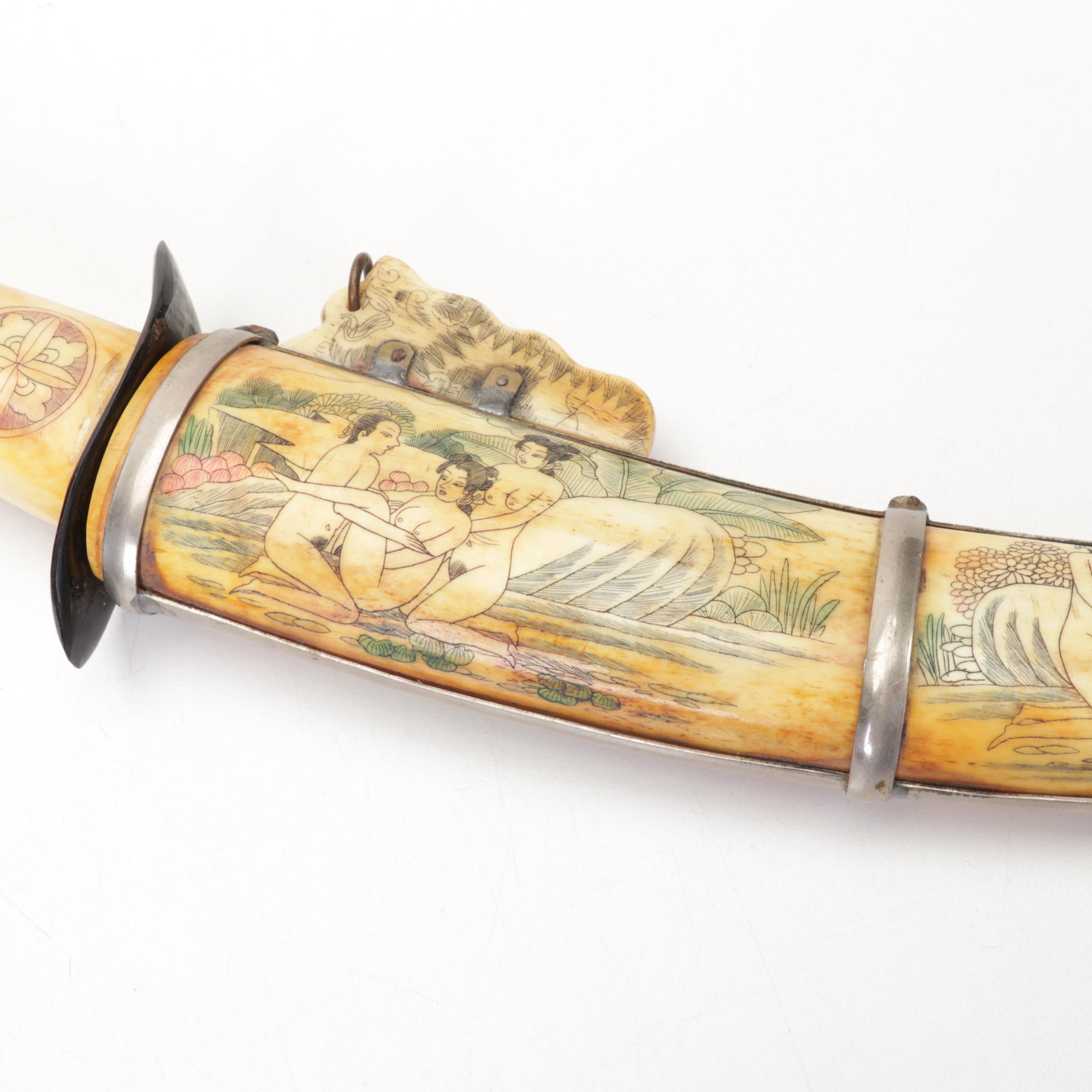 Chinese Scrimshaw Bone Dagger, Sheath and Wooden Abacus in Case