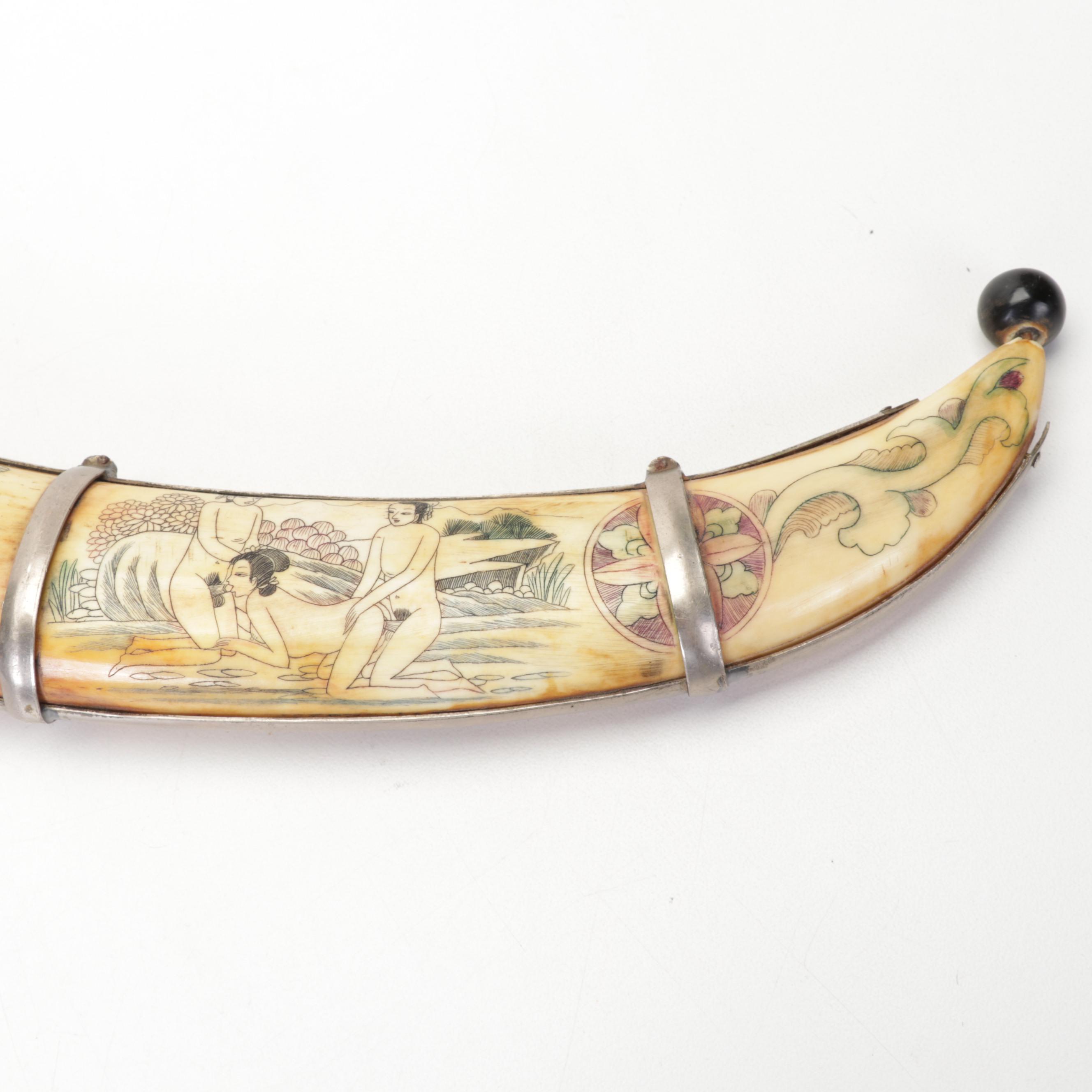 Chinese Scrimshaw Bone Dagger, Sheath and Wooden Abacus in Case